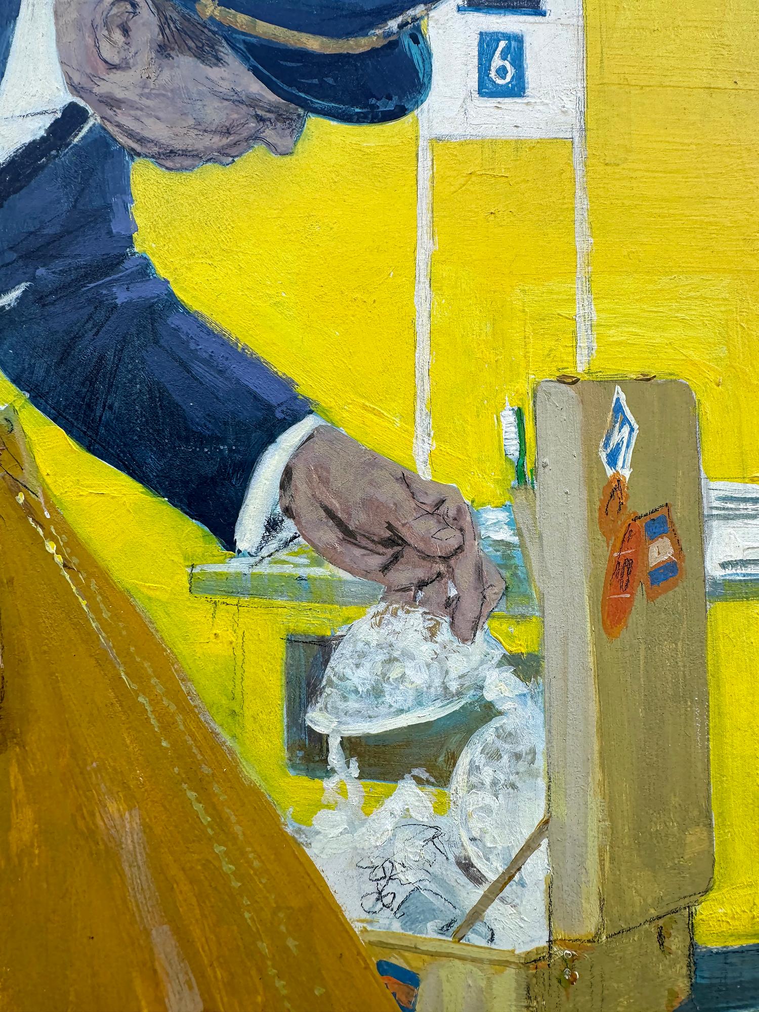 La belleza rubia de mediados de siglo compone la aduana del aeropuerto - Figurative Painting Amarillo de Coby Whitmore