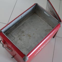 COCA COLA 1950 Mid Century Red-White Enameled Cooler With Hinged Handle