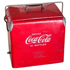 COCA COLA 1950 Mid Century Red-White Enameled Cooler With Hinged Handle