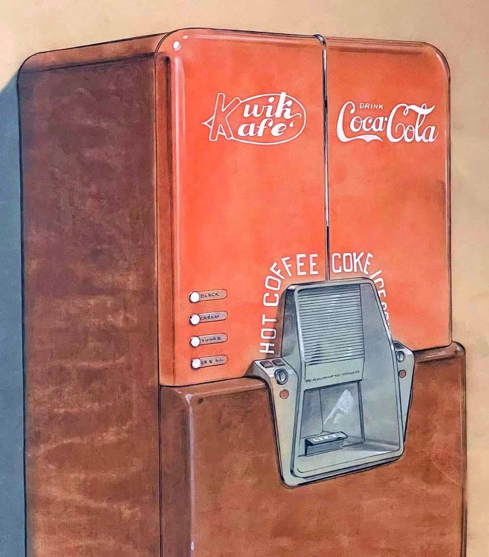 An astonishing and important example of Moderne-Mid Century Modern industrial design, this original watercolor rendering of a short-lived Coca-Cola/coffee vending machine was painted by Carl Otto in 1949.  The watercolor captures the signature red