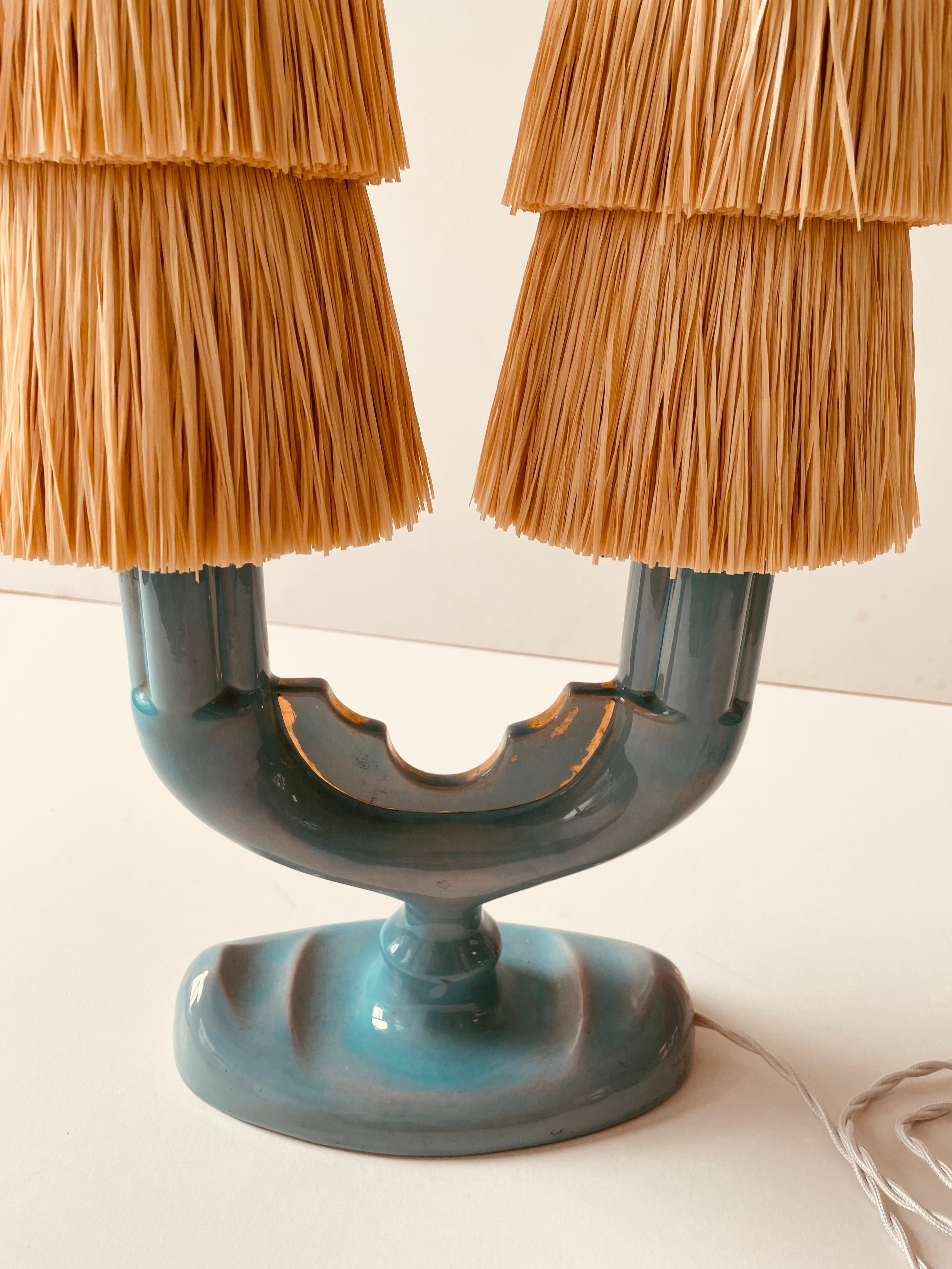 Coceram Table Lights  In Turquoise Colour With Raffia Lamp Shades 2