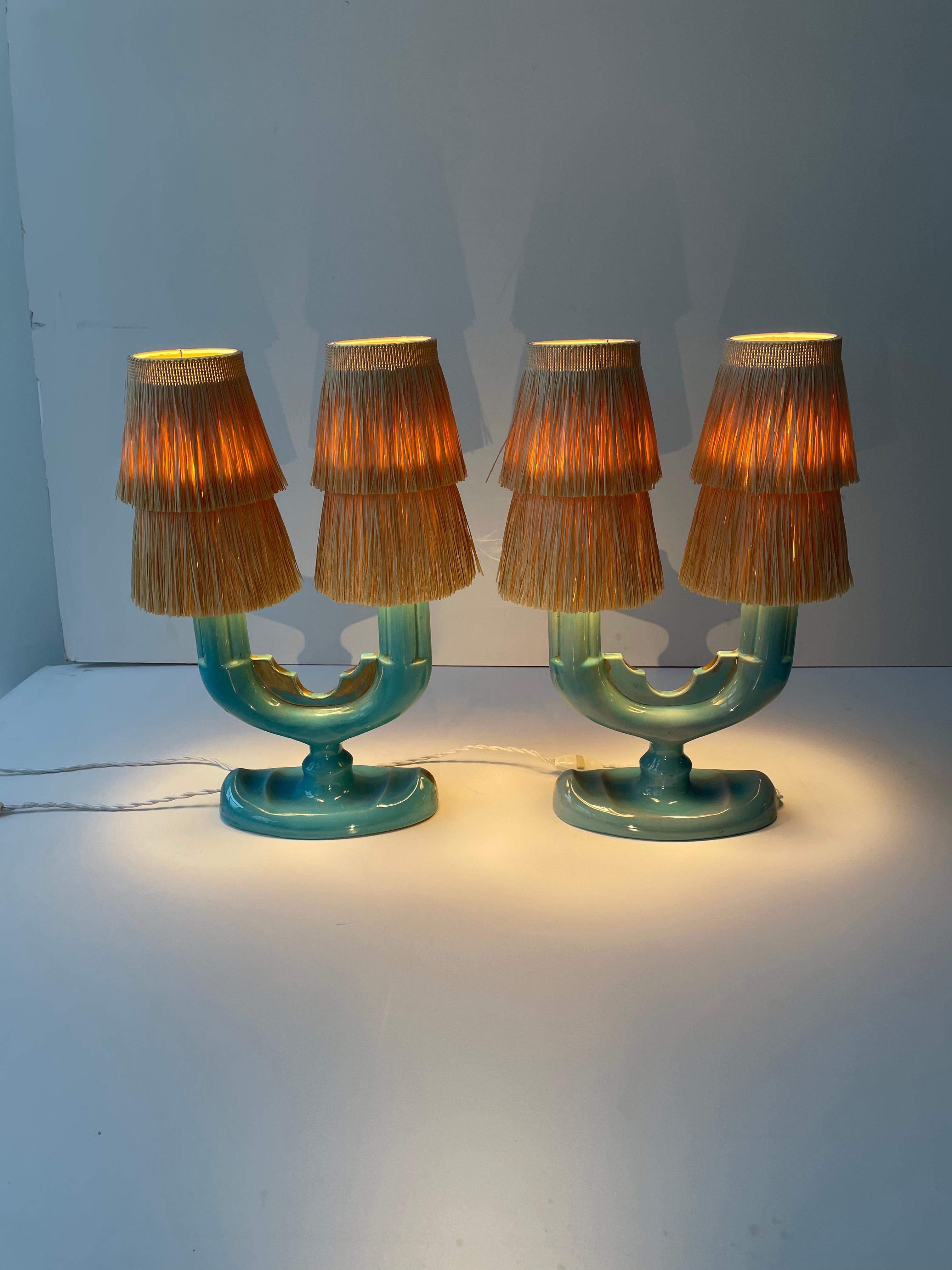 Beautiful Table Lights colour Turquoise From COCERAM BELGIUM  signed on the Bottom new textile wiring (textile cable colour white)  size of Ceramic  base 25cm H x 33 cm W x 15cm D, Total Height incl. Lampshade 46cm, hand crafted Raffia Fringe Cornet
