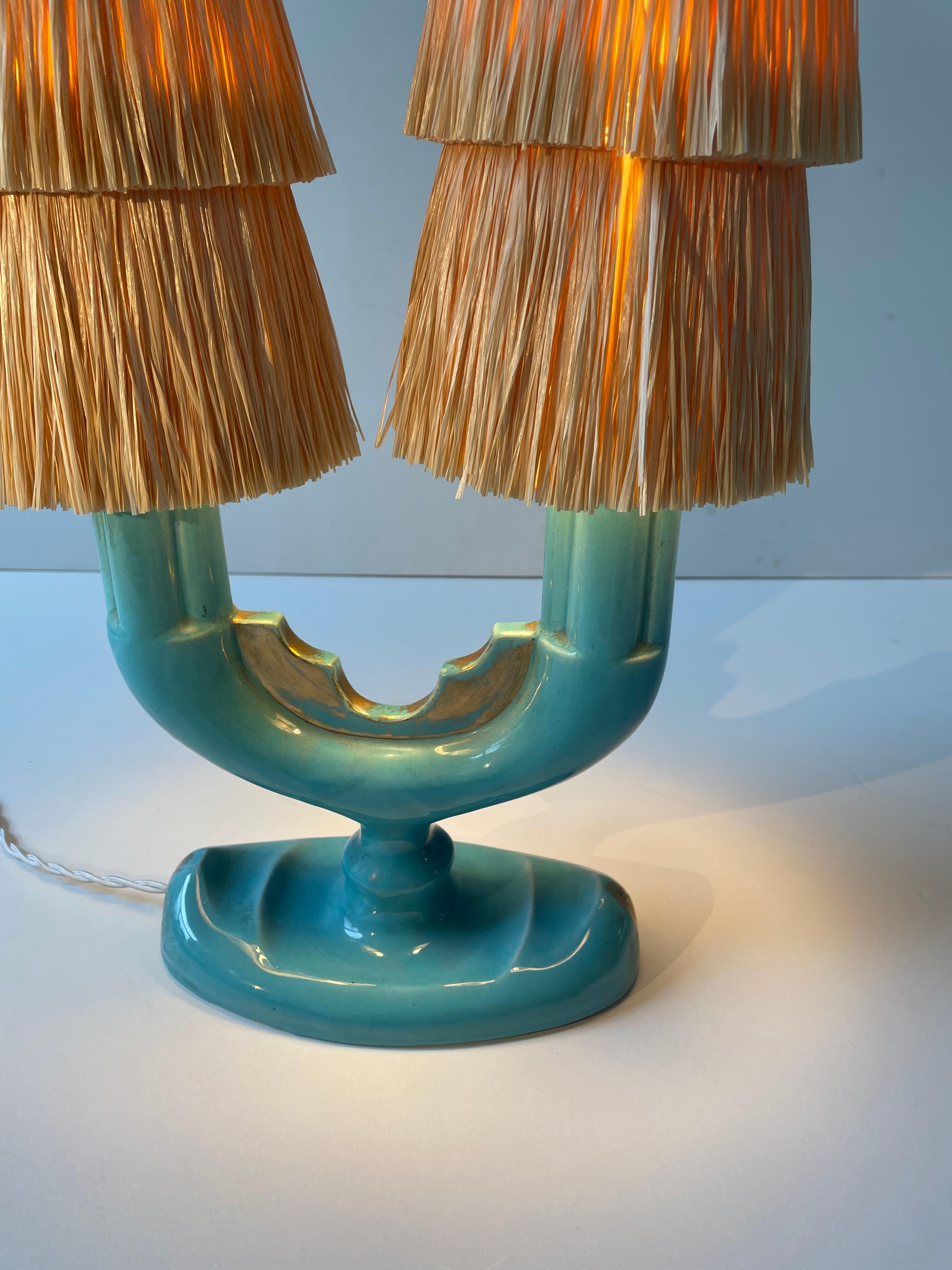 Art Deco Coceram Table Lights  In Turquoise Colour With Raffia Lamp Shades