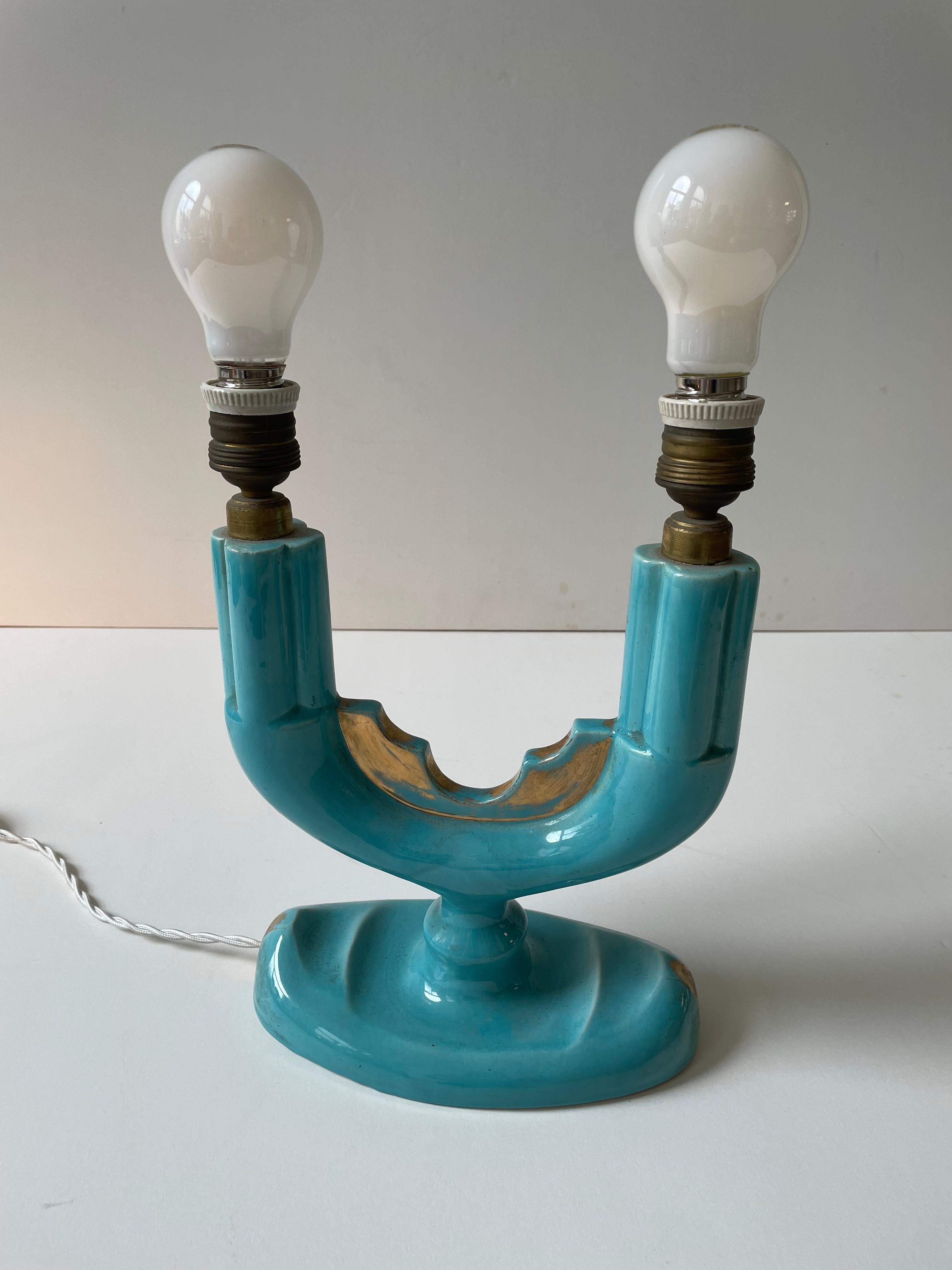 Hand-Crafted Coceram Table Lights  In Turquoise Colour With Raffia Lamp Shades