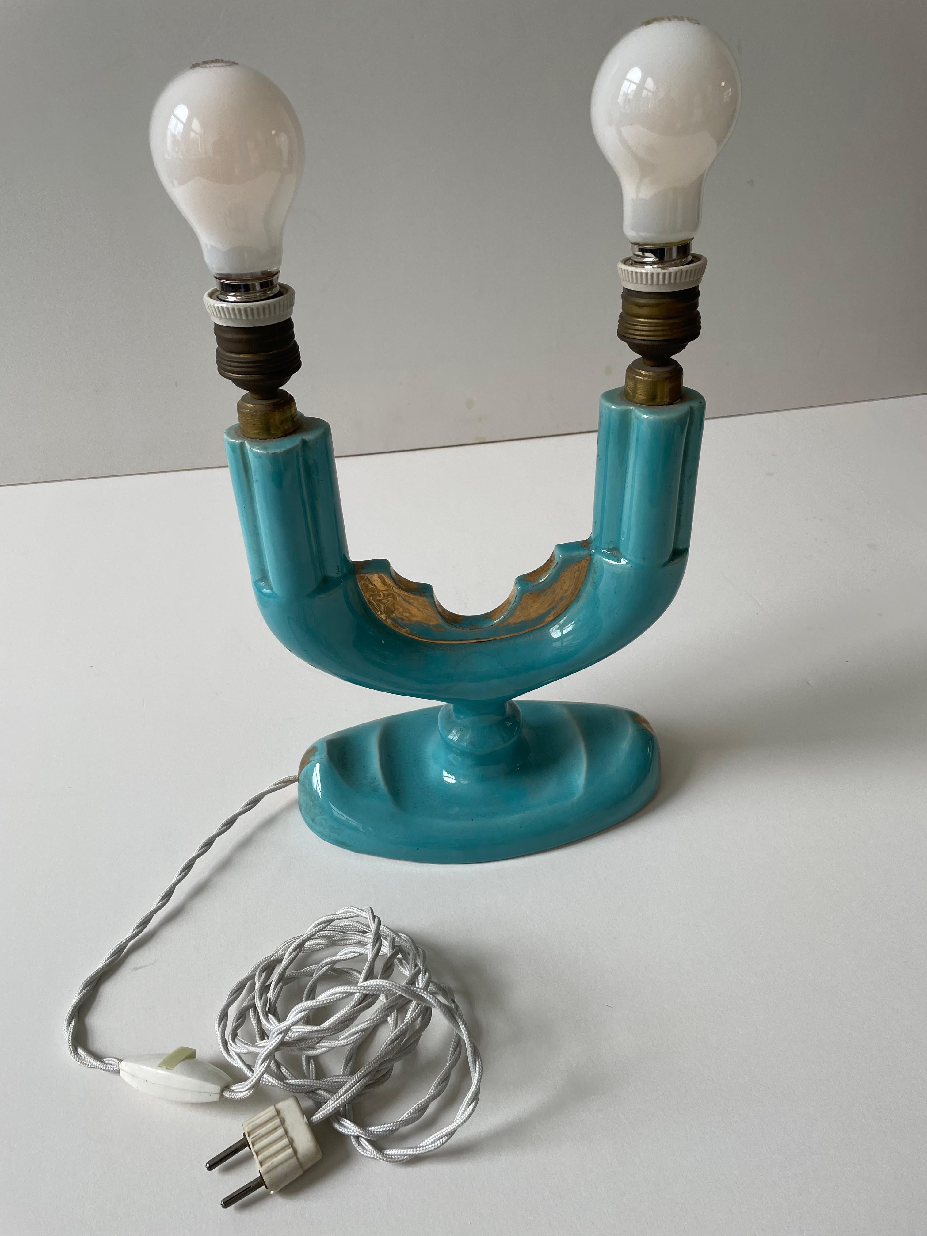 Coceram Table Lights  In Turquoise Colour With Raffia Lamp Shades In Good Condition In Hamburg, DE