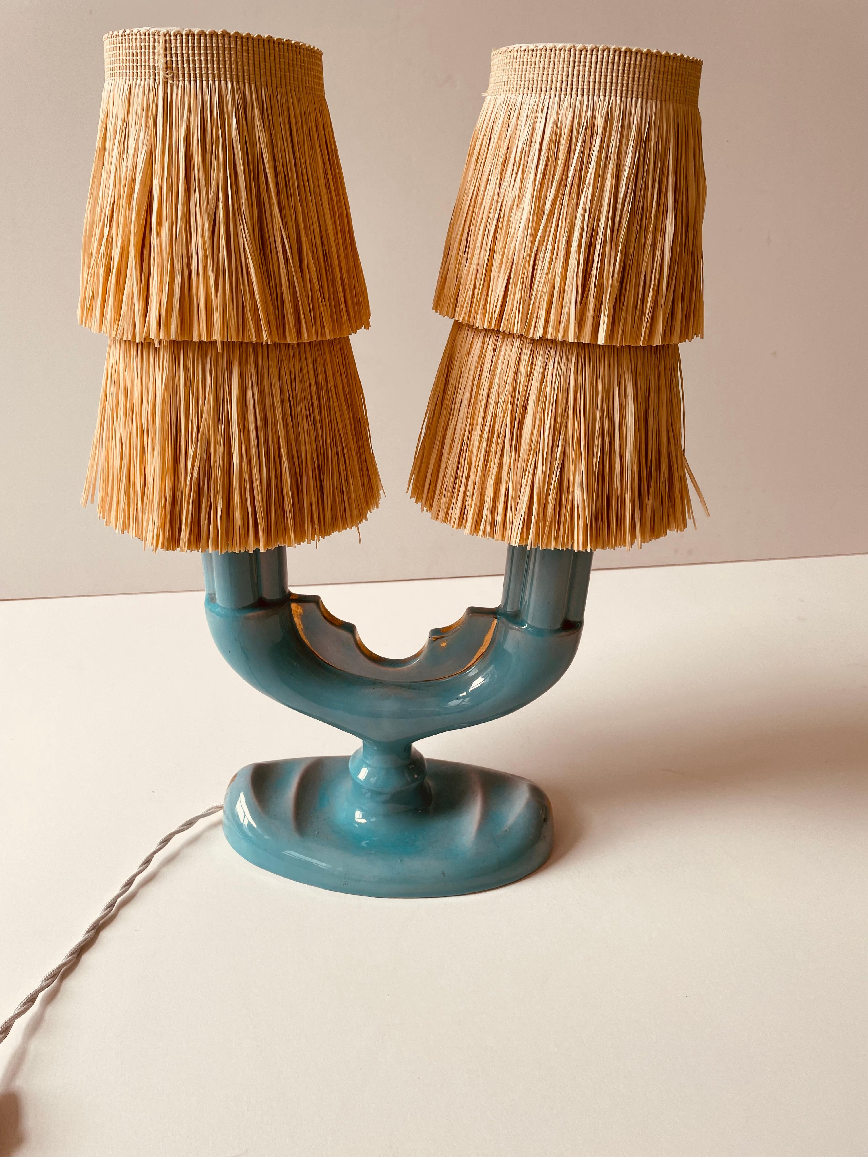 Ceramic Coceram Table Lights  In Turquoise Colour With Raffia Lamp Shades