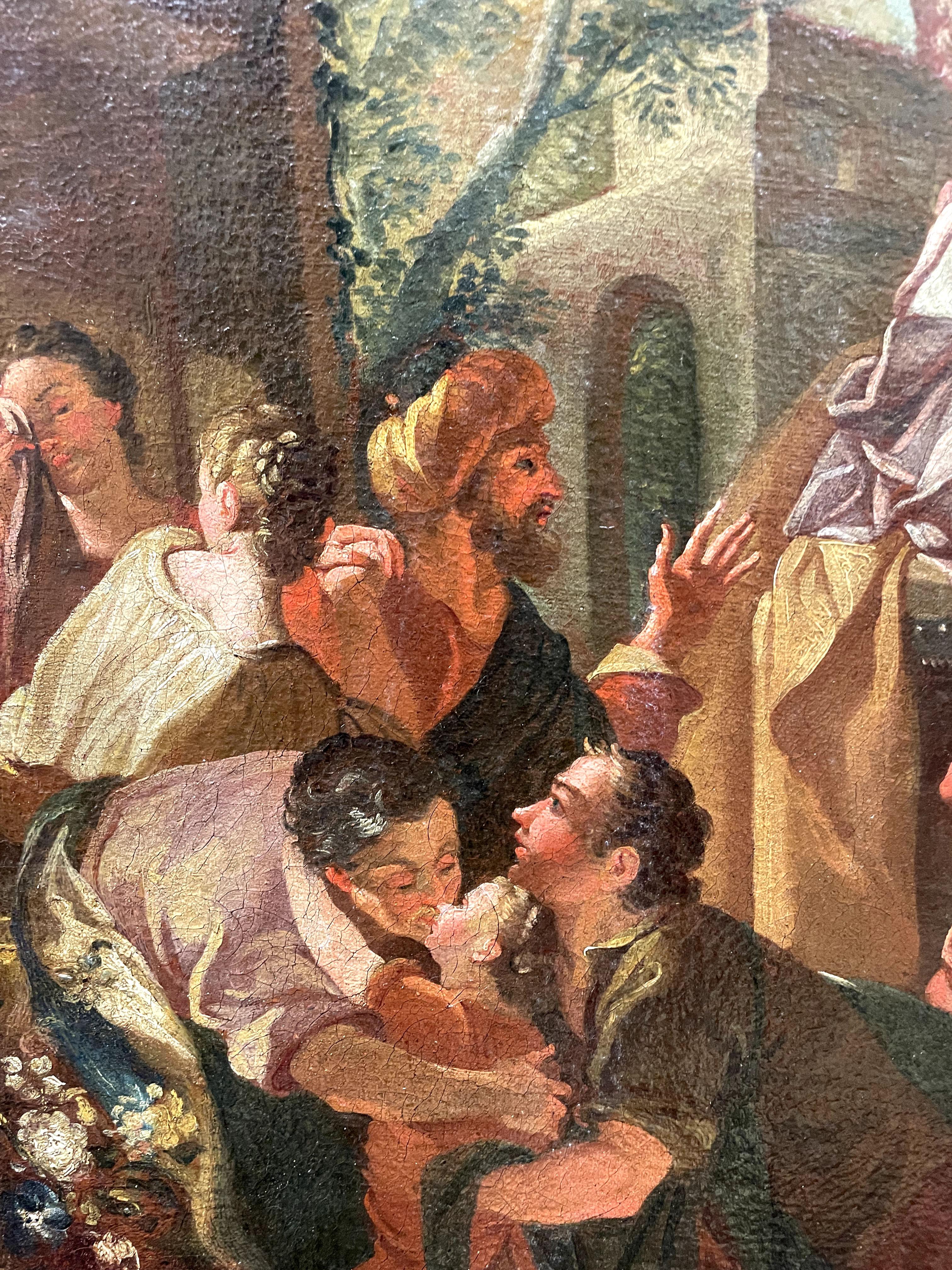 Lodovico Buffetti (Vérone, 1722 - 1782)
« Story of Rebecca »
Huile sur toile
Encadré : 89 x 71 cm  A plat : 74 x 56 cm
Cette exquise peinture à l'huile du XVIIIe siècle de Lodovico Buffetti, un éminent artiste de Rever, représente l'histoire