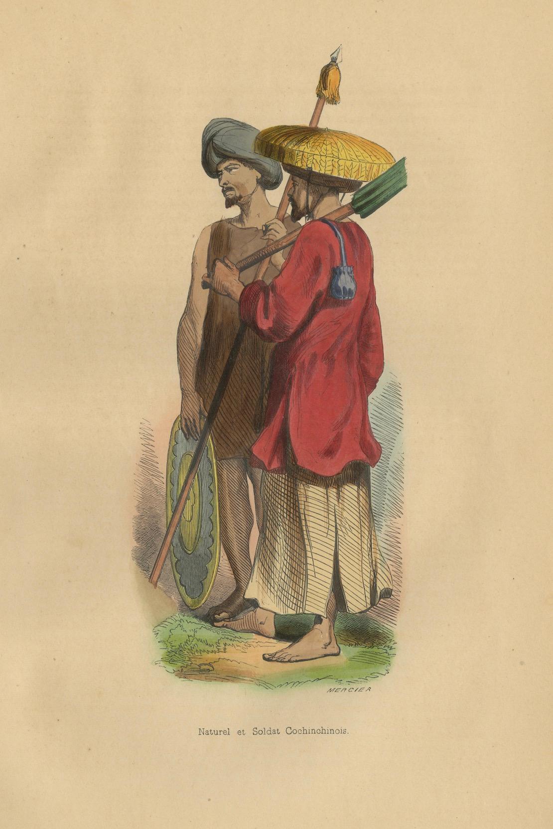 Cultural Kontrast von Cochinchina: Ureinwohner und Soldat im 19. Jahrhundert Vietnam (Mittleres 19. Jahrhundert) im Angebot