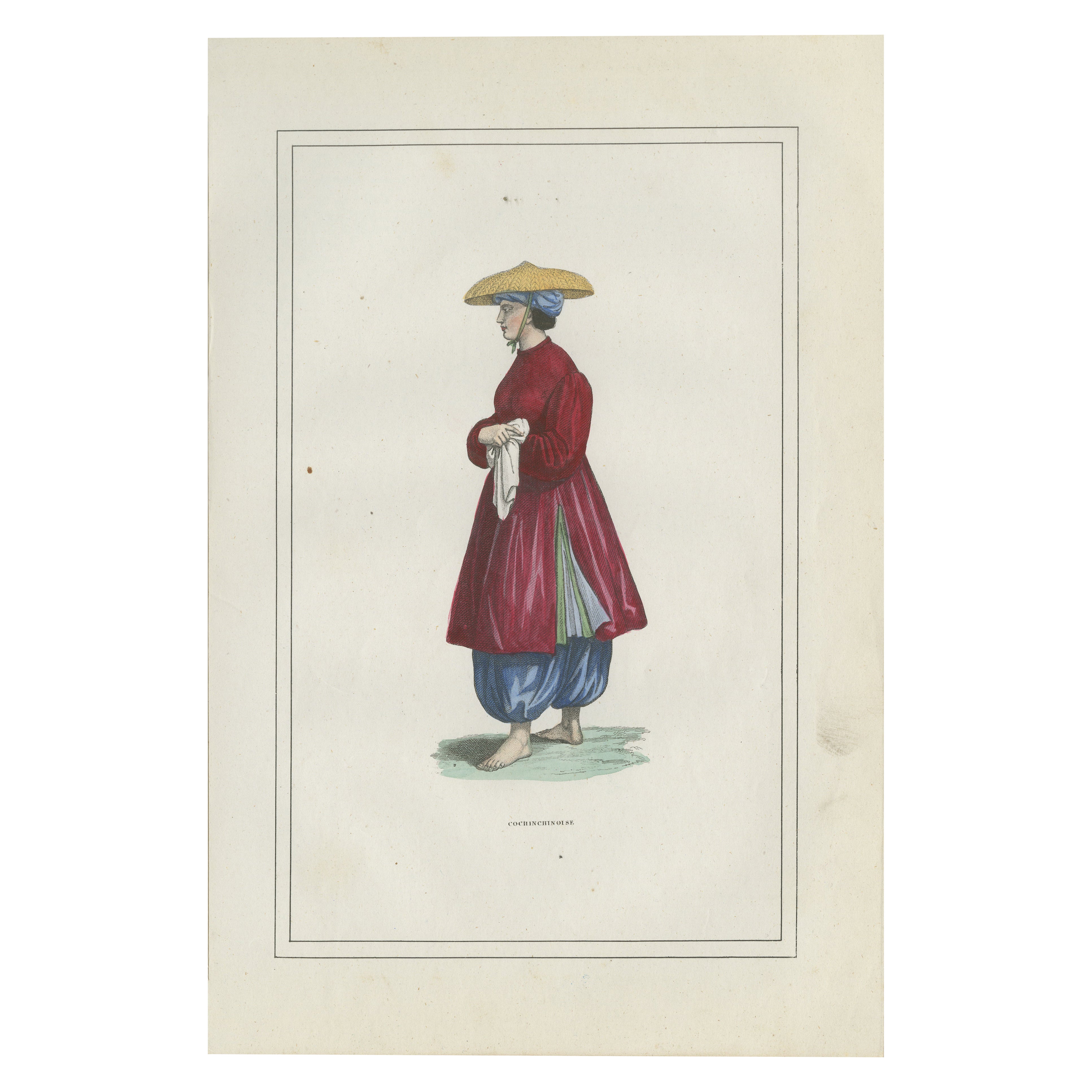 Cochinchina Frau Kostüm Druck - Antike handkolorierte Lithographie, 1854
