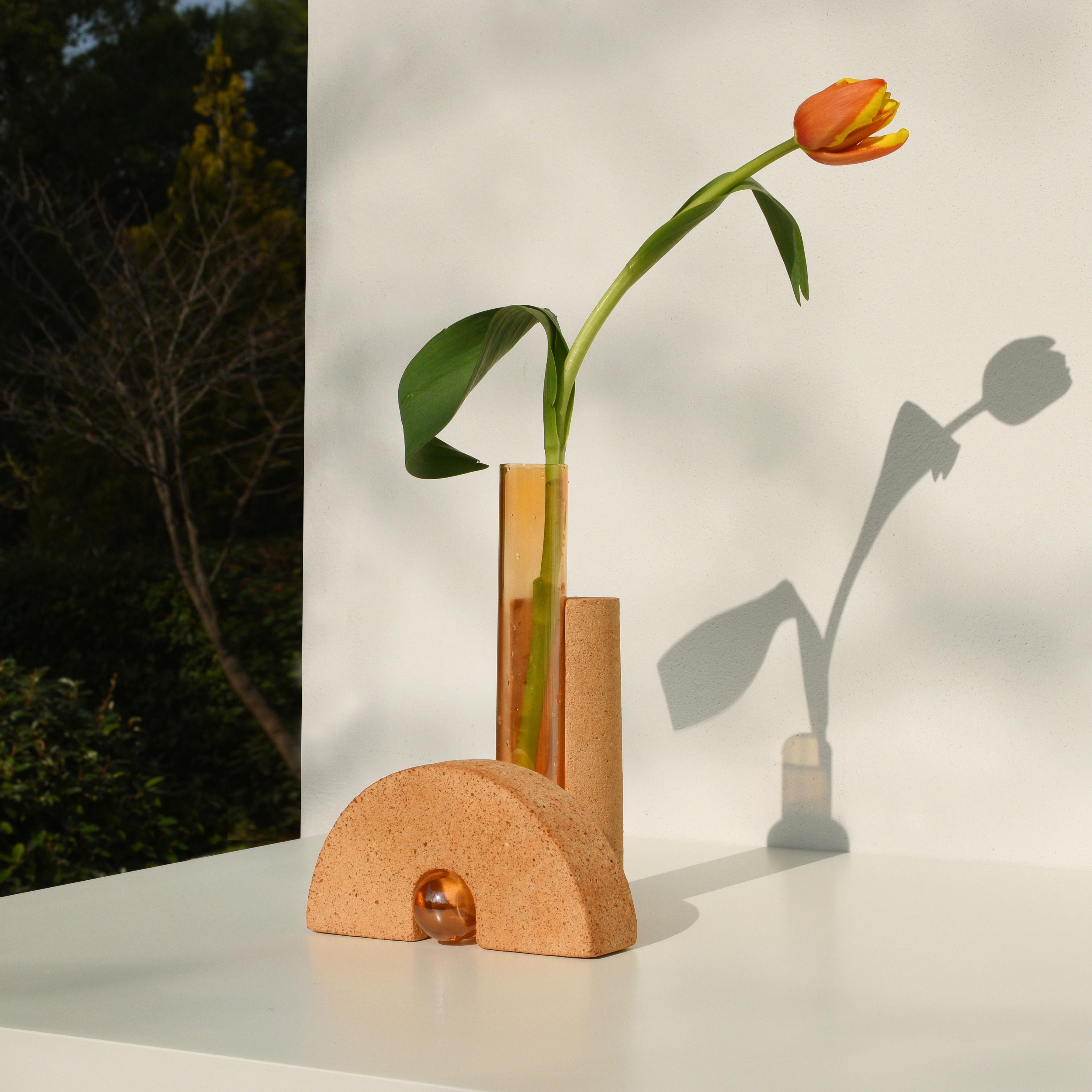 Hand-Crafted Responsibly Handcrafted Orange Stone & Glass Vase by COKI For Sale