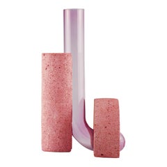 Sculptural pink vase for flowers in glass and stone, made in Italy