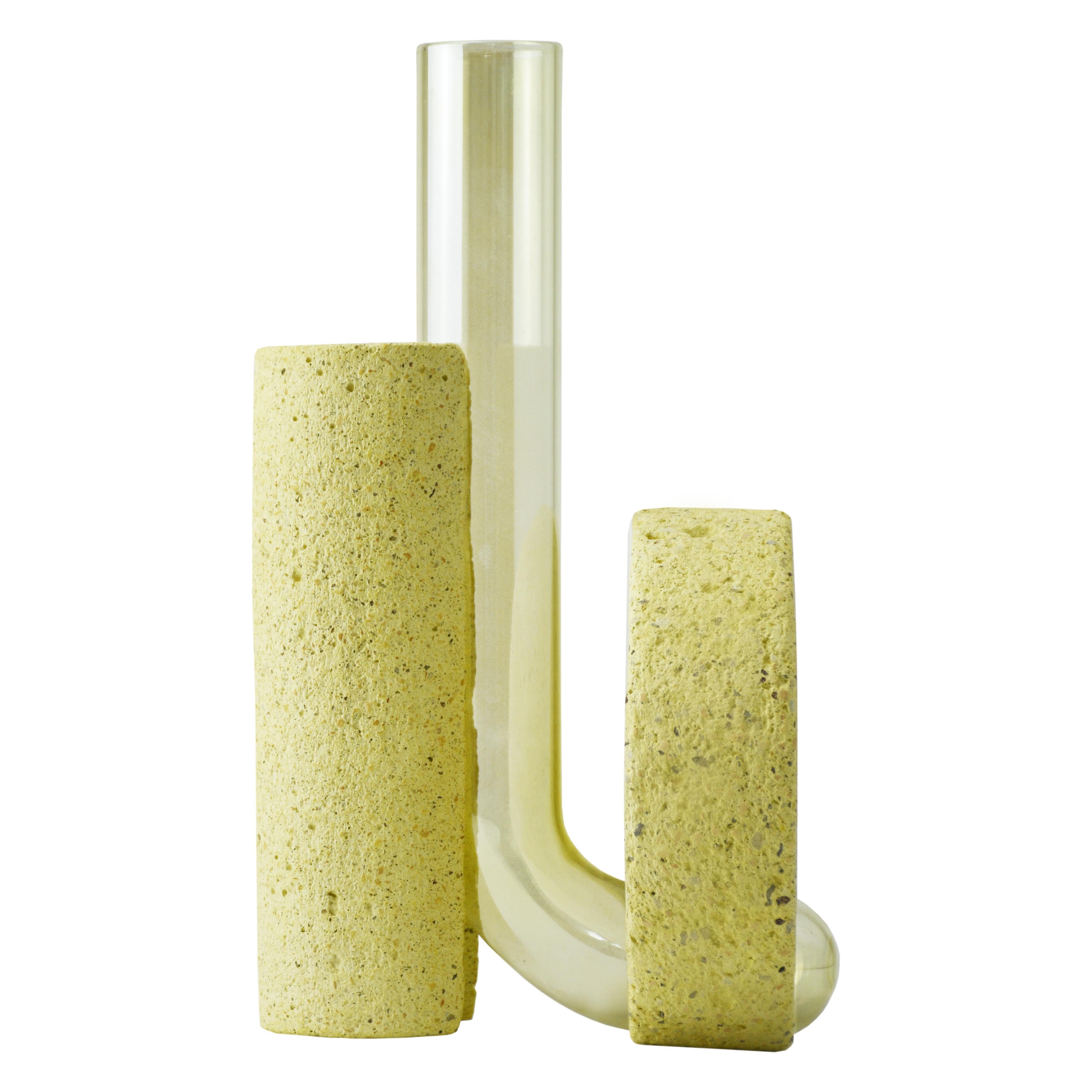 Vase en pierre jaune et en verre, design contemporain.
La collection de vases Cochleae s'inspire du cycle de vie des escargots et capture leur croissance lorsque le corps de l'invertébré (représenté par le verre incurvé) se développe vers le haut à