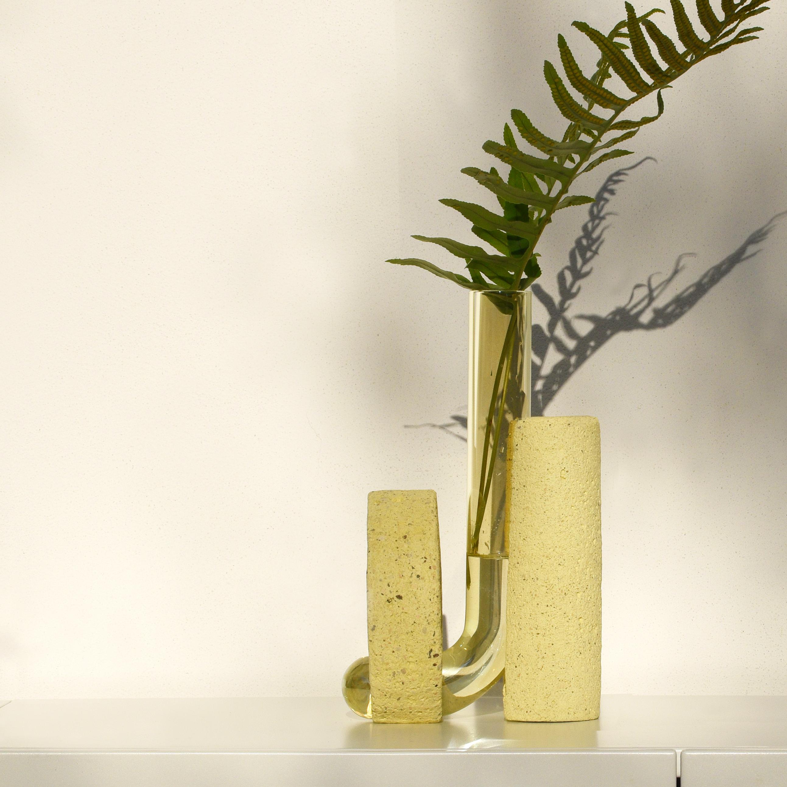 Italian Yellow Contemporary Design Stone & Glass Vase by COKI For Sale