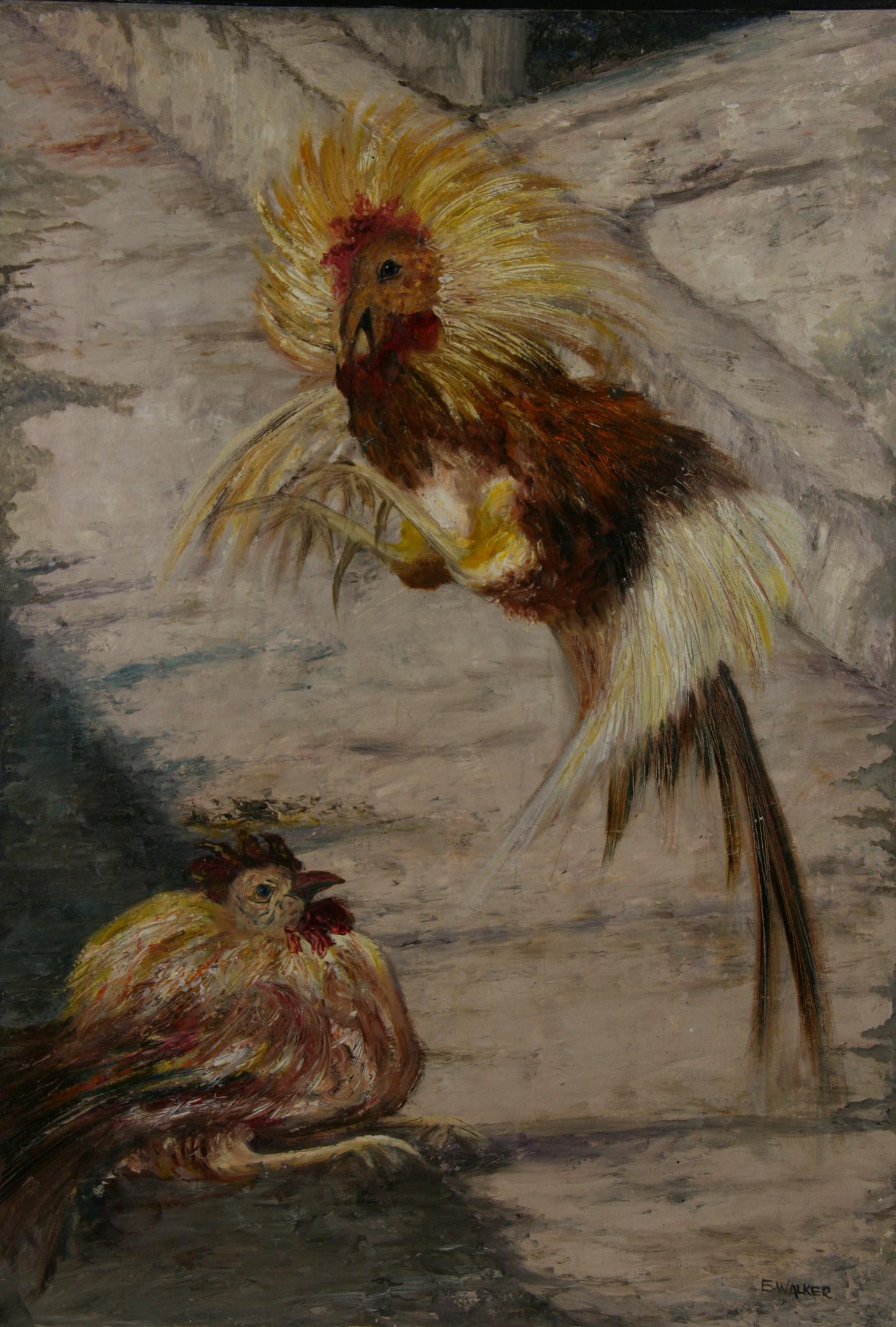 Cock Fight Animal Painting In Good Condition In Douglas Manor, NY