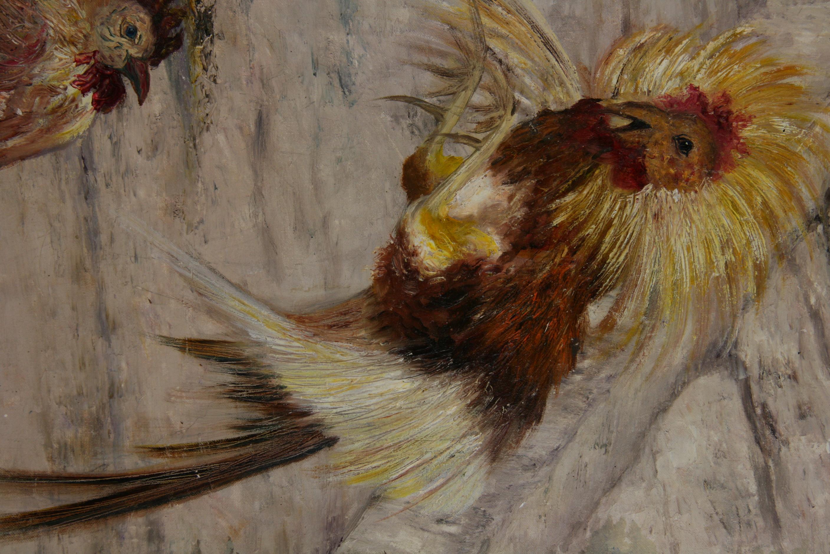 Mid-20th Century Cock Fight Animal Painting