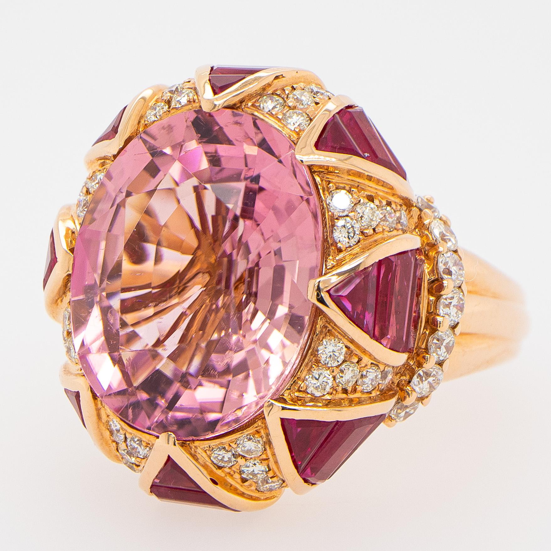 Artisan Cocktail 10 Carat Topaz Ring Set with Rubies and Diamonds 18k Yellow Gold For Sale