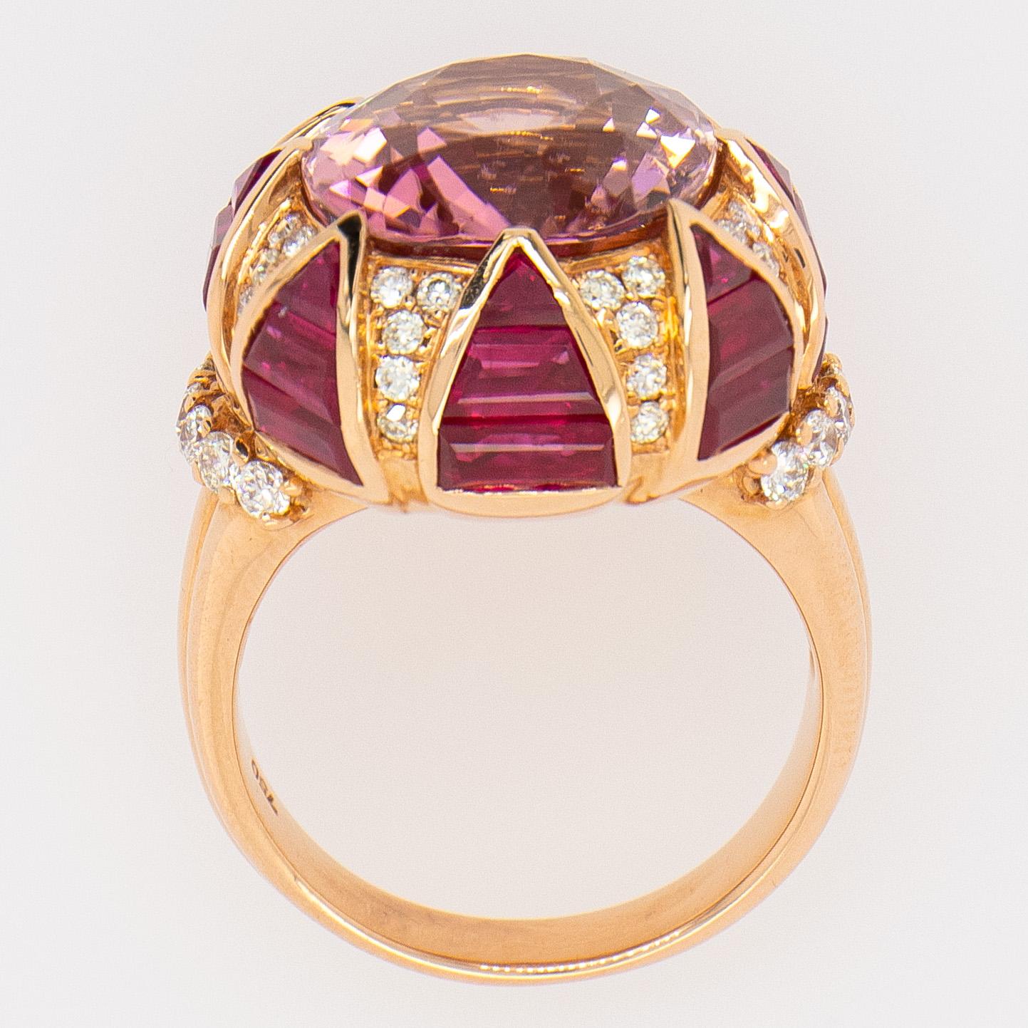 Cushion Cut Cocktail 10 Carat Topaz Ring Set with Rubies and Diamonds 18k Yellow Gold For Sale