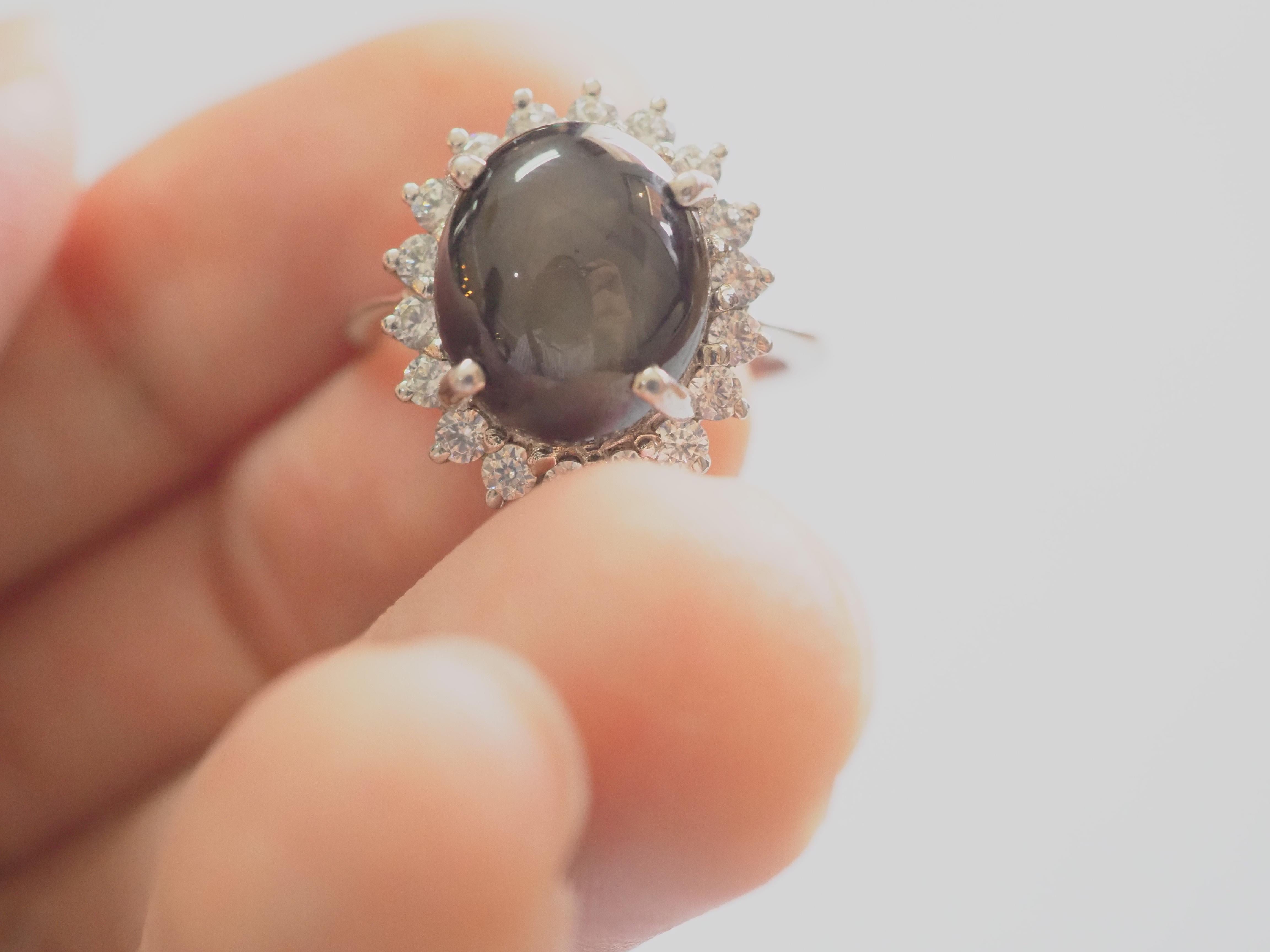 No Reserve- Cocktail 20ct Black Star Sapphire & CZ Sterling Silver Ring In Excellent Condition In เกาะสมุย, TH