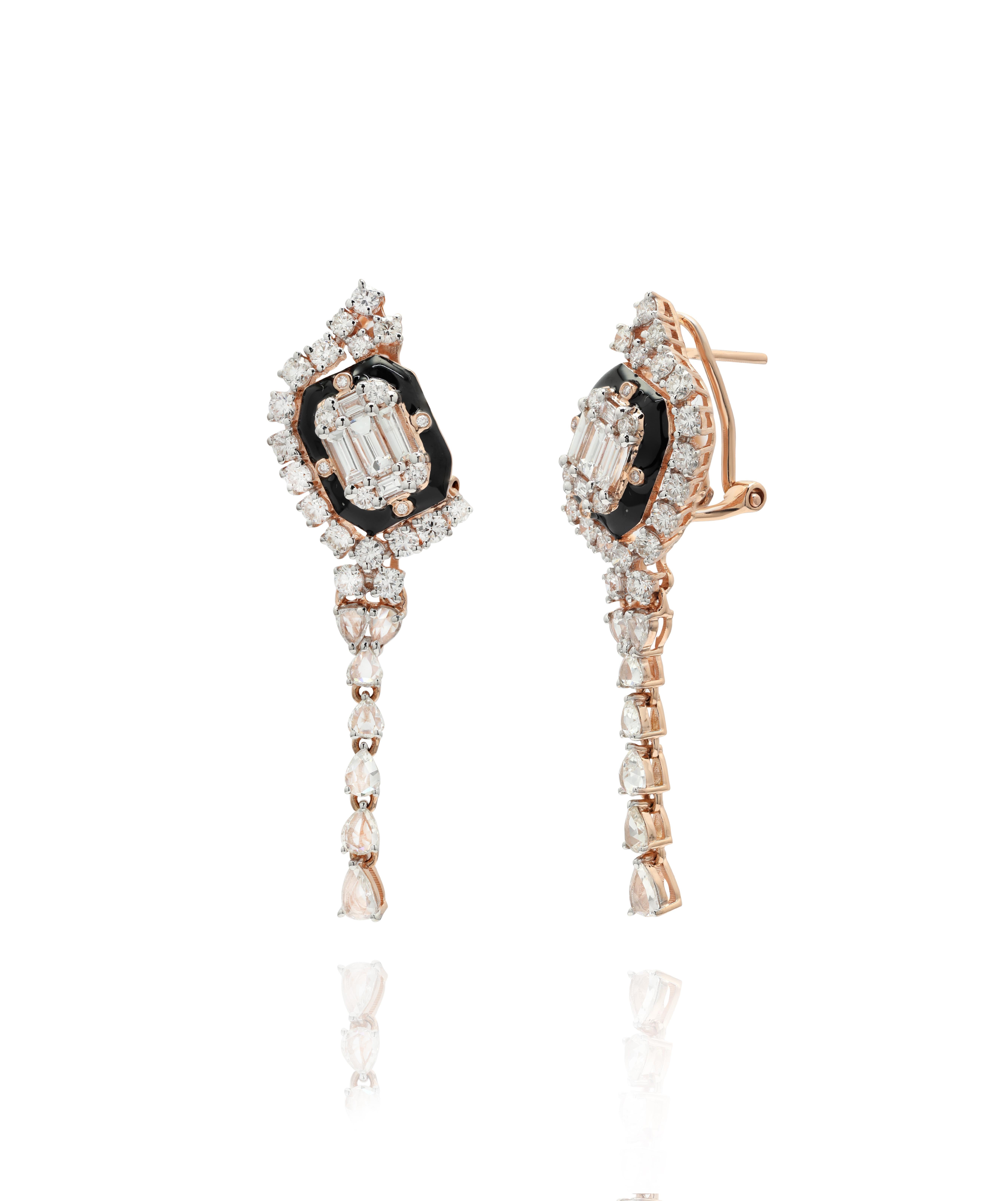 Modern 2.11 cts Diamond and Enamel Cocktail Earrings in 14k Solid Rose Gold For Sale