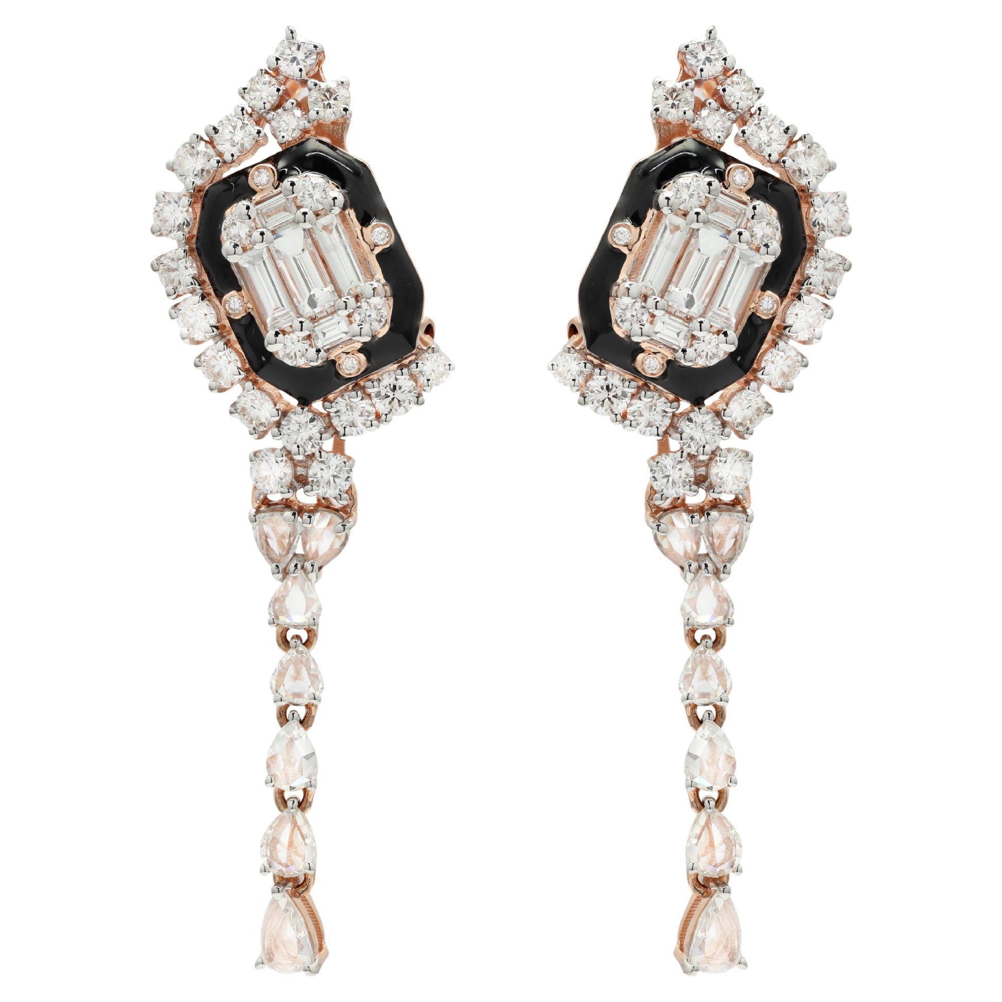 2.11 cts Diamond and Enamel Cocktail Earrings in 14k Solid Rose Gold For Sale
