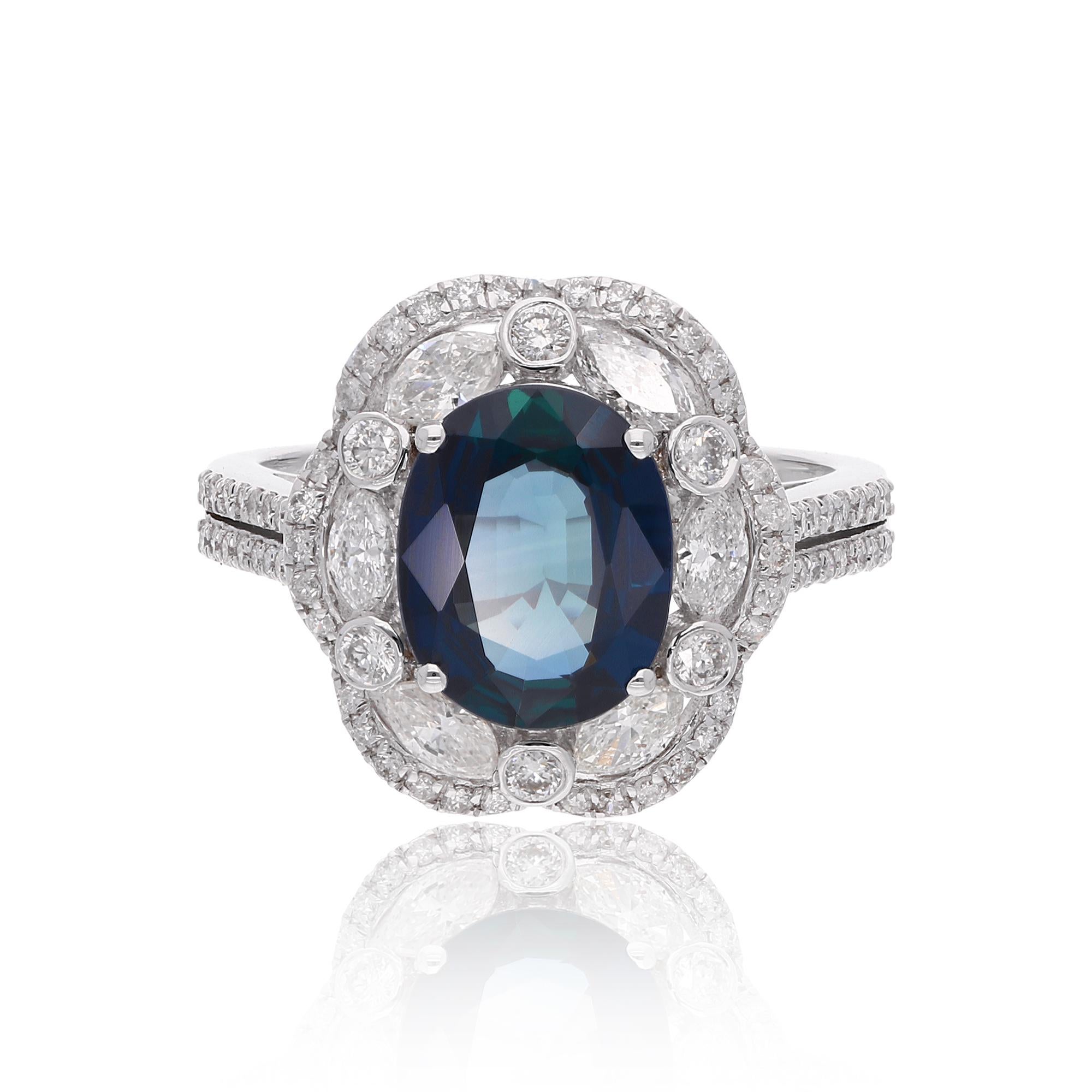 Cocktail 3,44TCW Blauer Saphir Edelstein Diamant Verlobungsring 14k Solid Gold (Art déco) im Angebot