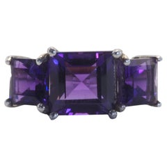 Cocktail 3.45ct Squared Amethyst Three Stone Sterling Silver Ring