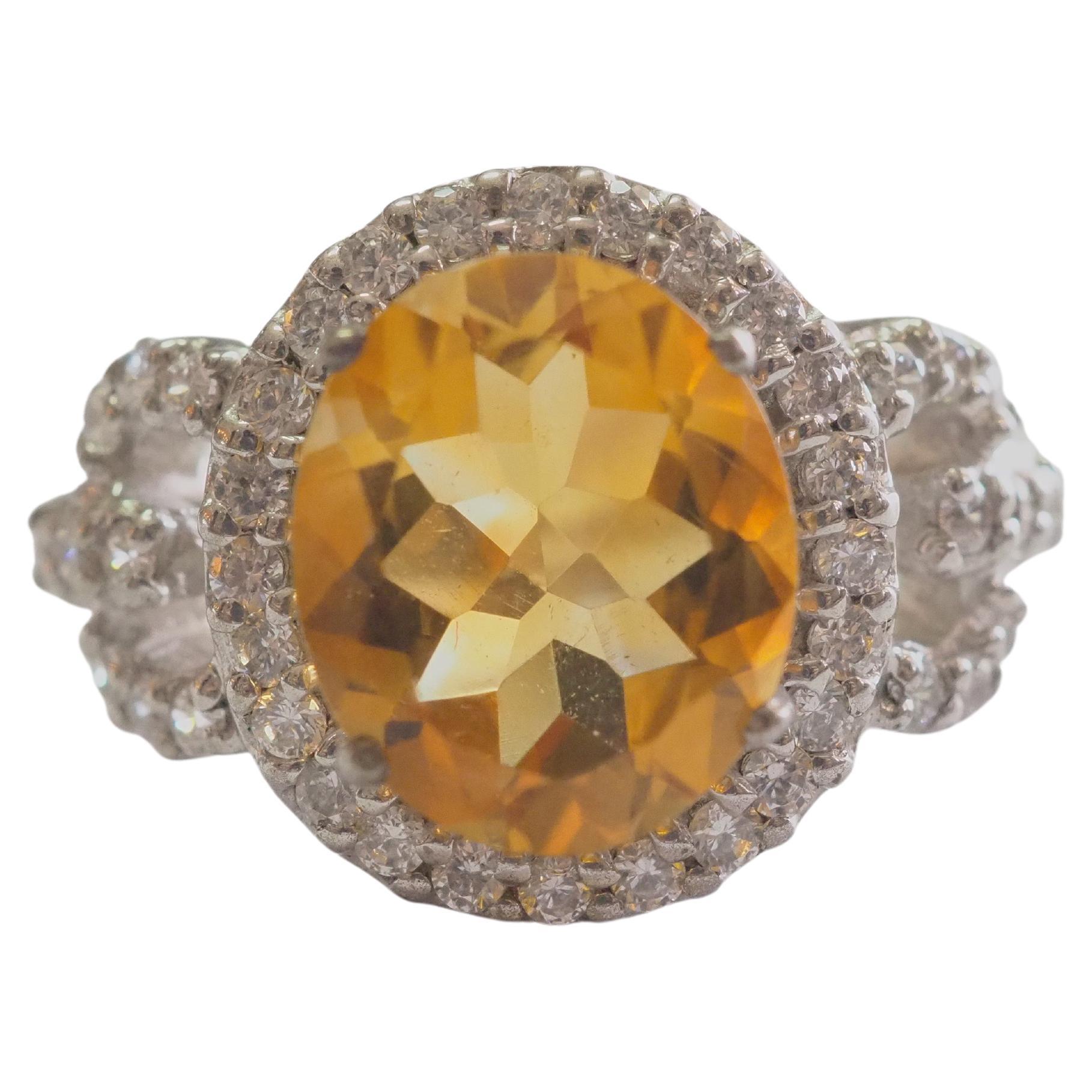 Cocktail 3.98ct Oval Citrine & CZ Sterling Silver Ring For Sale