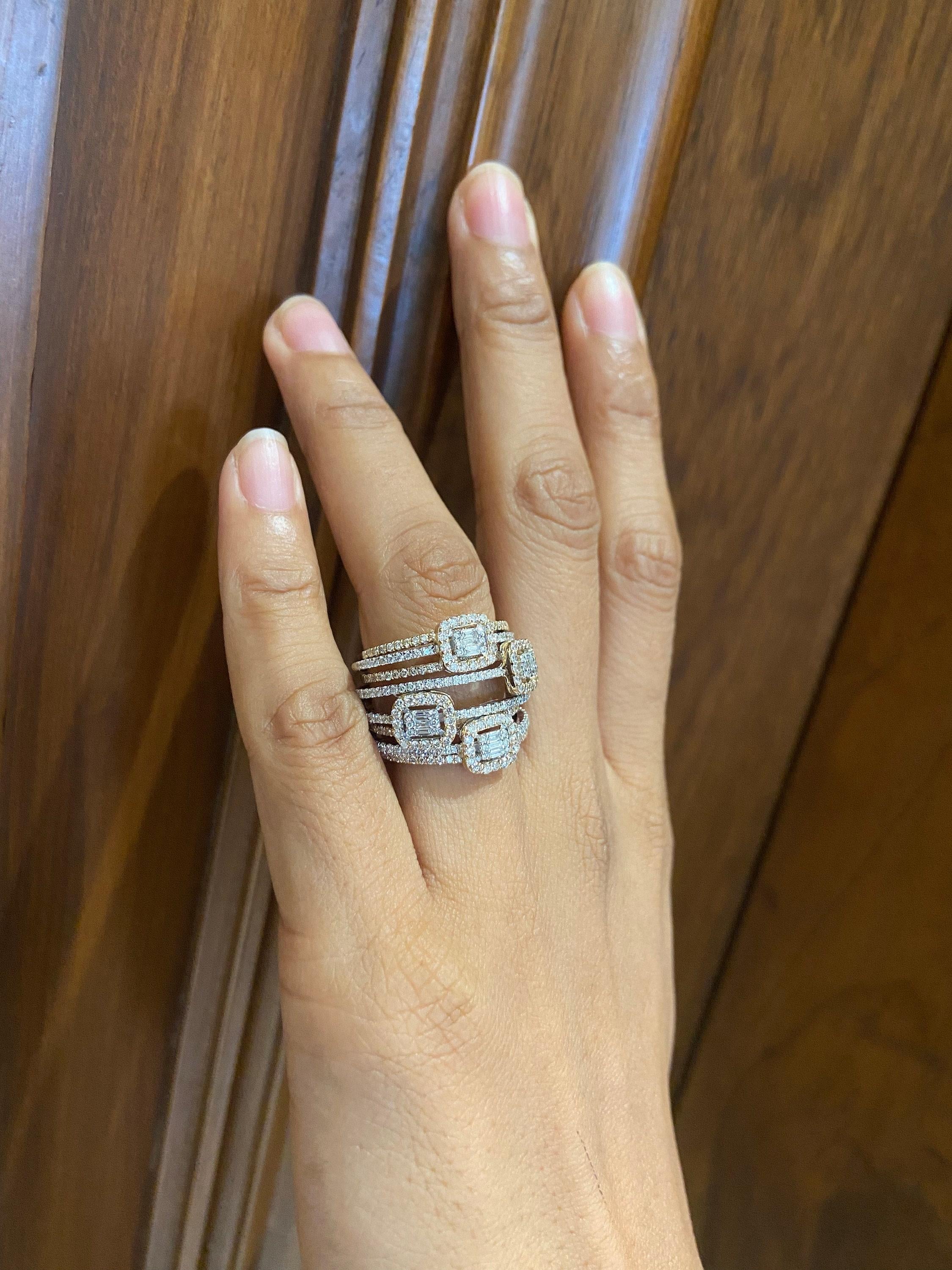 Anillo halo de diamantes baguette de cóctel en oro macizo de 14 quilates (certificado) Corte redondo en venta