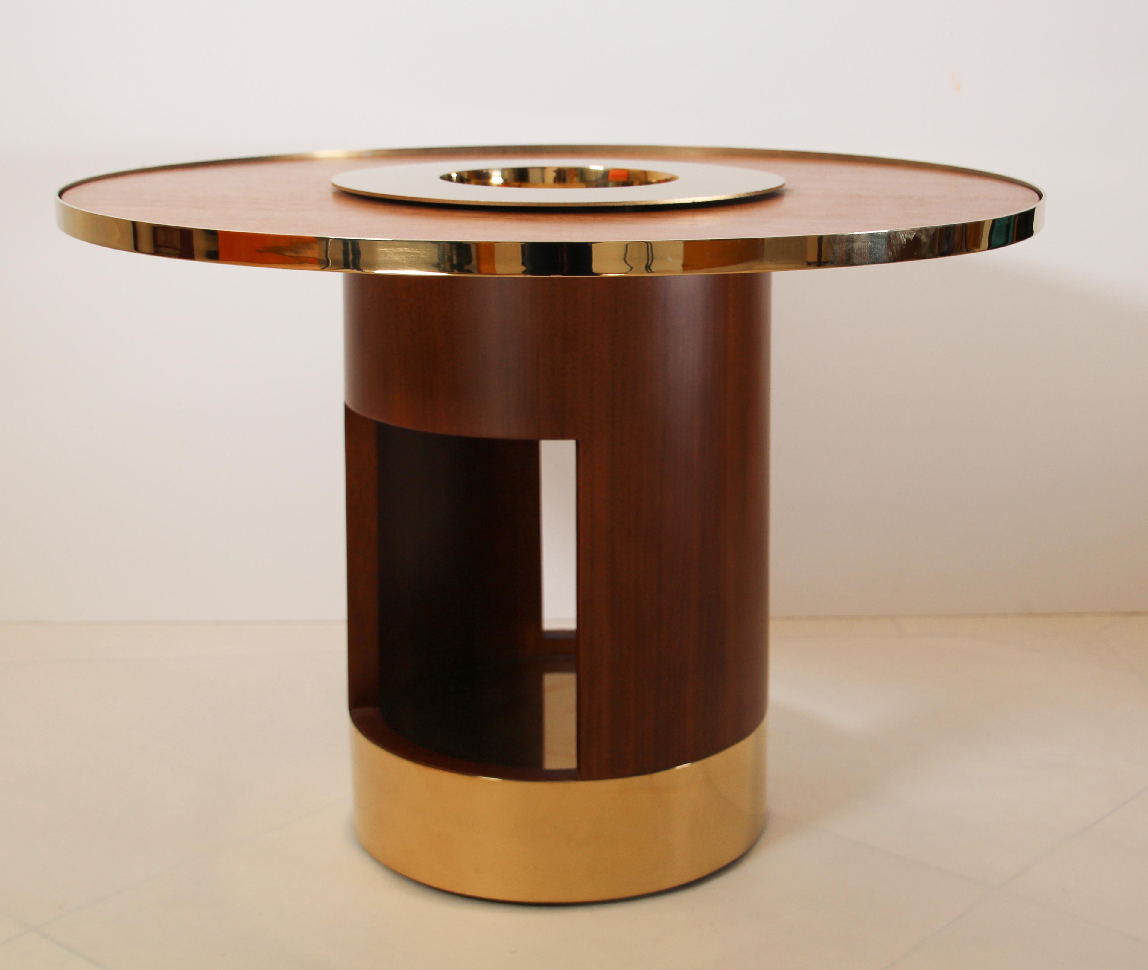 Modern Custom Side Dry Bar Table with Metal Gold Detail and Integrated Ice Bucket