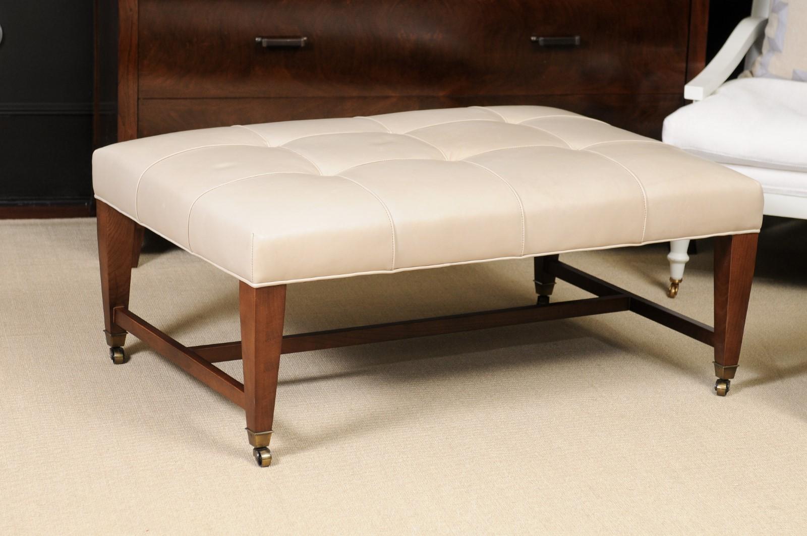 Cocktail Bench by Lee Industries, Waffle Tufting with Buttons, Mini Welt, Casters, Oak Frame. Dimensions: W45 D30 H18. Shown in Brewster Oyster Leather.