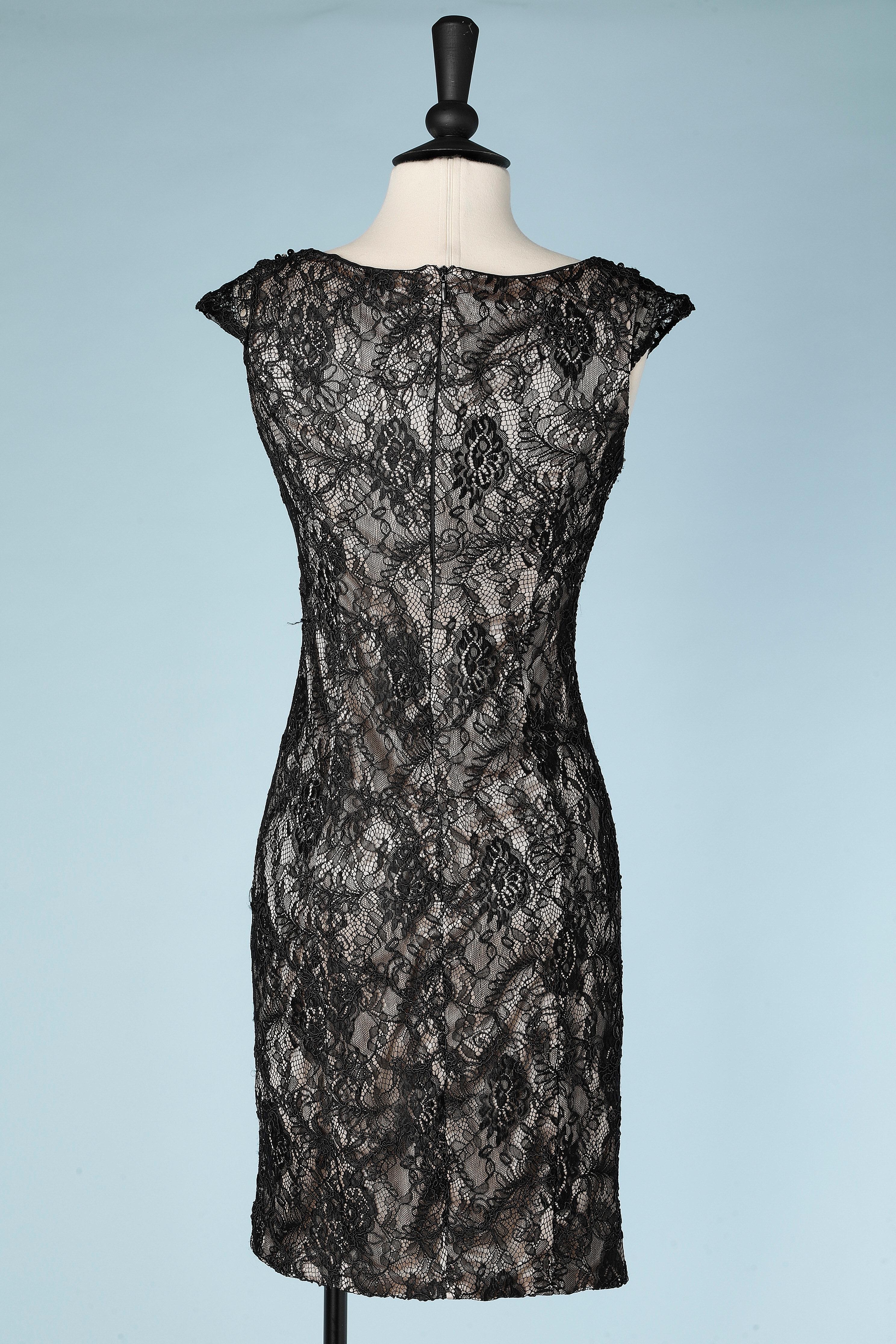 Black Cocktail black lace beaded dress on top of gold jersey lining Roberto Balestra  For Sale