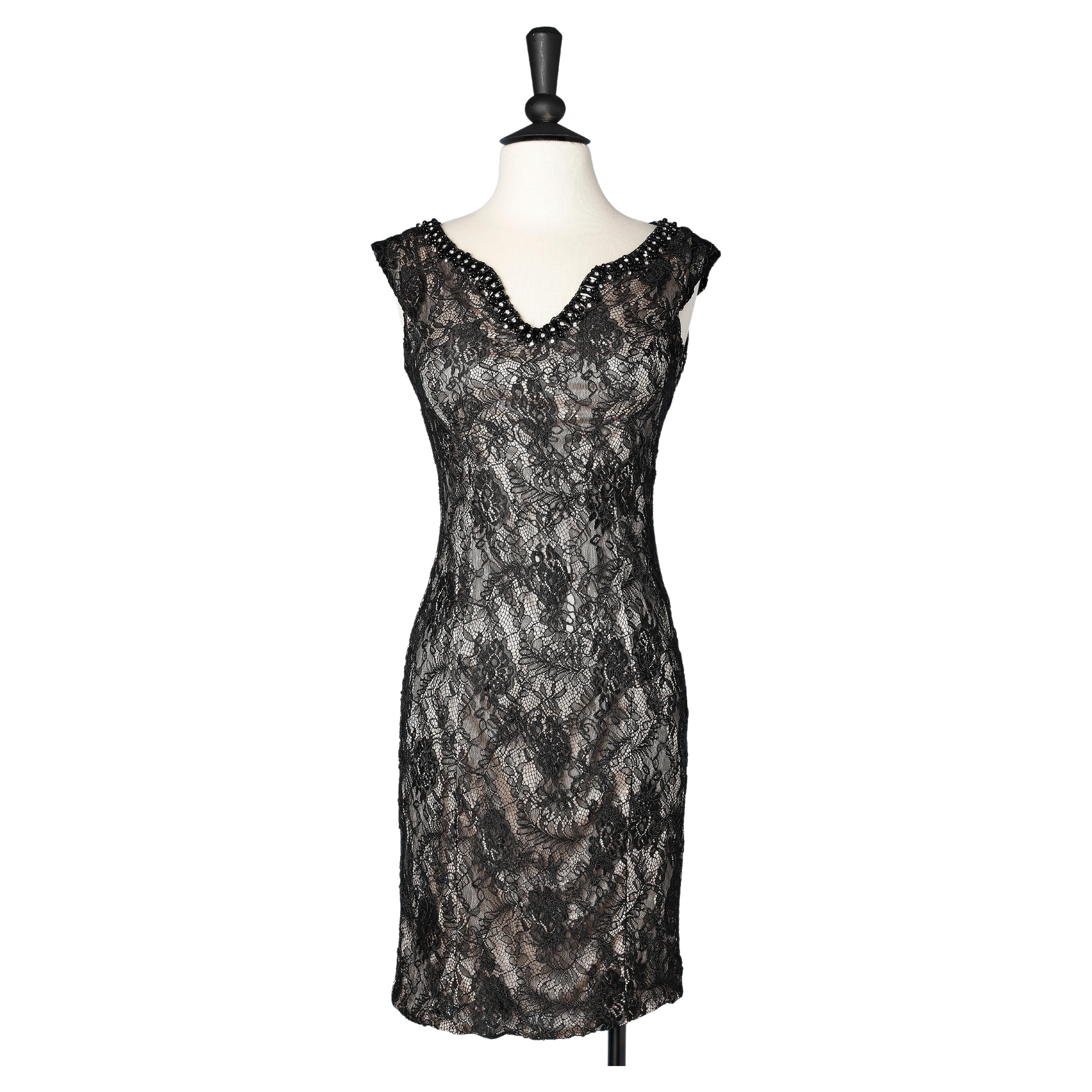 Cocktail black lace beaded dress on top of gold jersey lining Roberto Balestra 