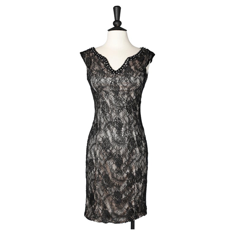 Cocktail black lace beaded dress on top of gold jersey lining Roberto Balestra For Sale at 1stDibs | black lace dress with beige lining Cocktail black lace beaded dress on top of gold jersey lining Roberto Balestra For Sale at 1stDibs | black lace dress with beige lining