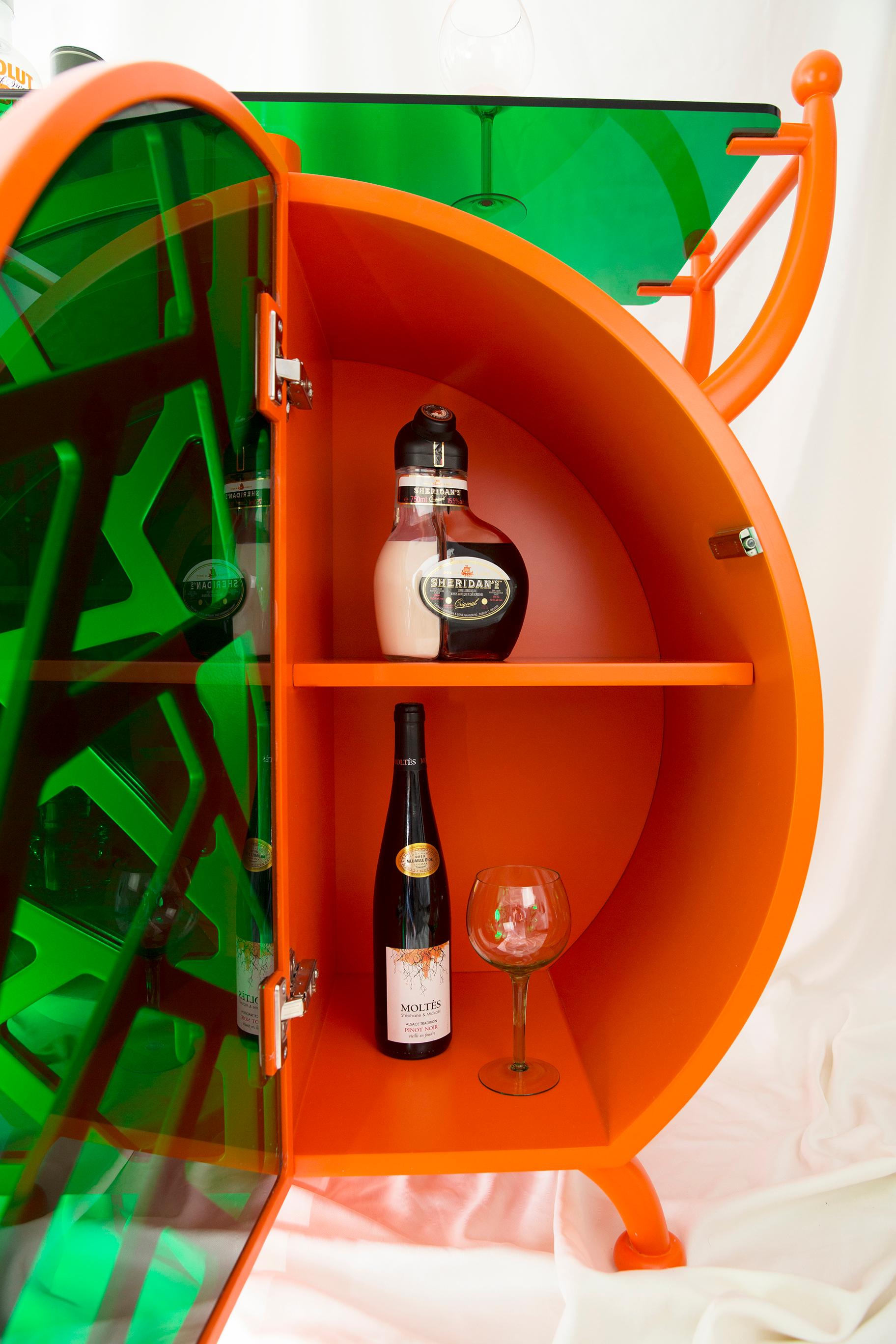 Polished Cocktail Bug Buffet: Vibrant Orange Postmodern Liquor Cabinet For Sale