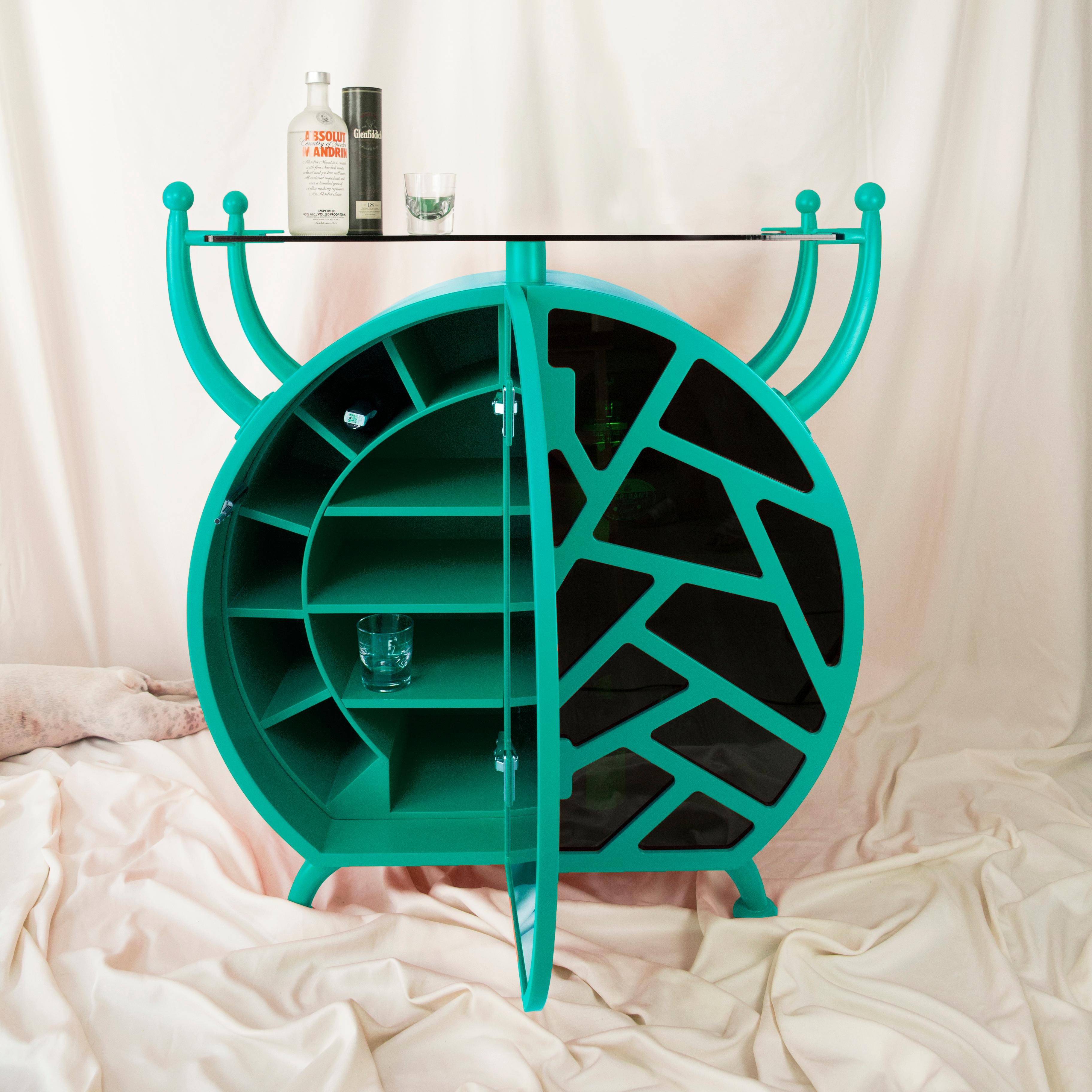 Post-Modern Cocktail Bug Buffet: Turquoise Postmodern Liquor Cabinet with Playful Design For Sale