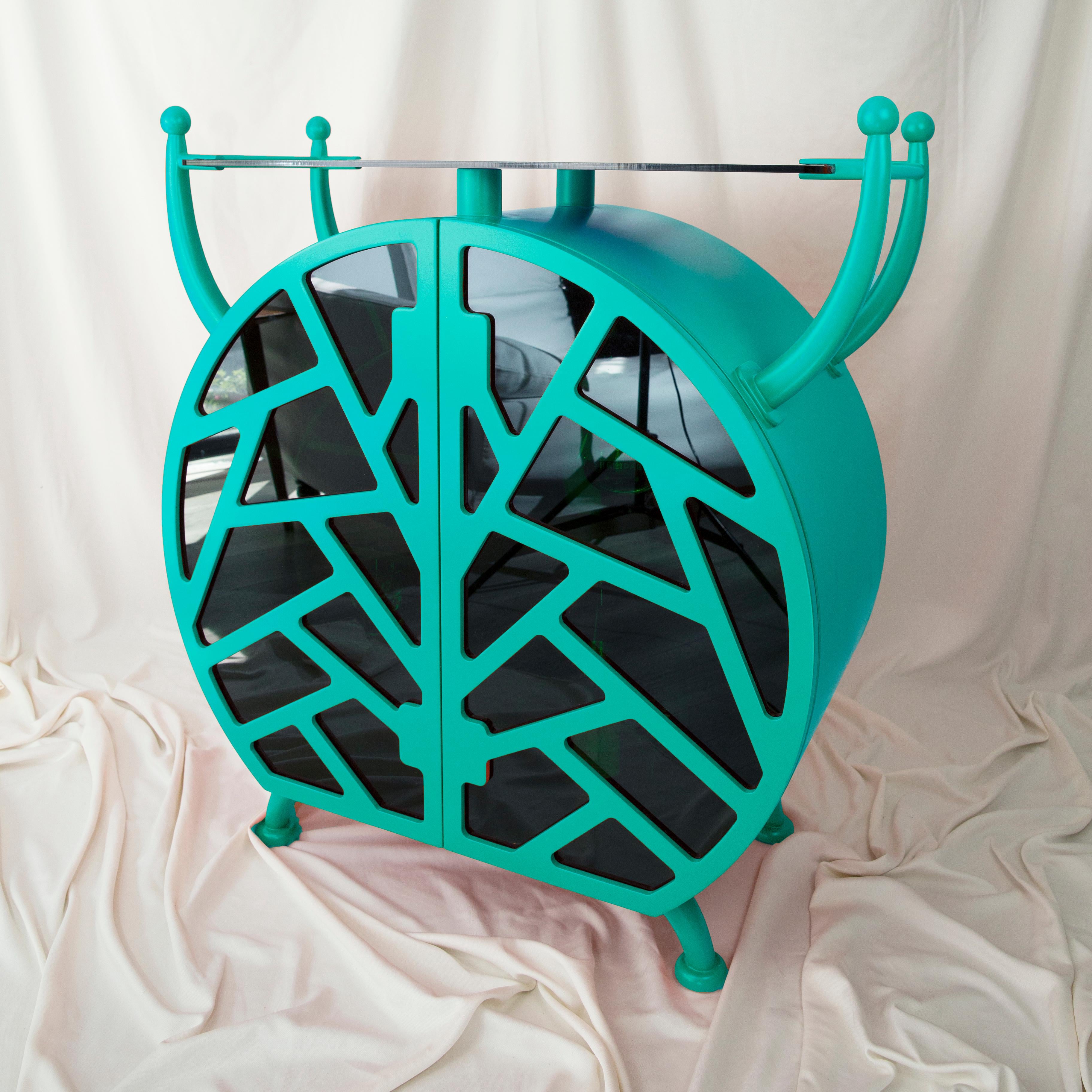 Polished Cocktail Bug Buffet: Turquoise Postmodern Liquor Cabinet with Playful Design For Sale