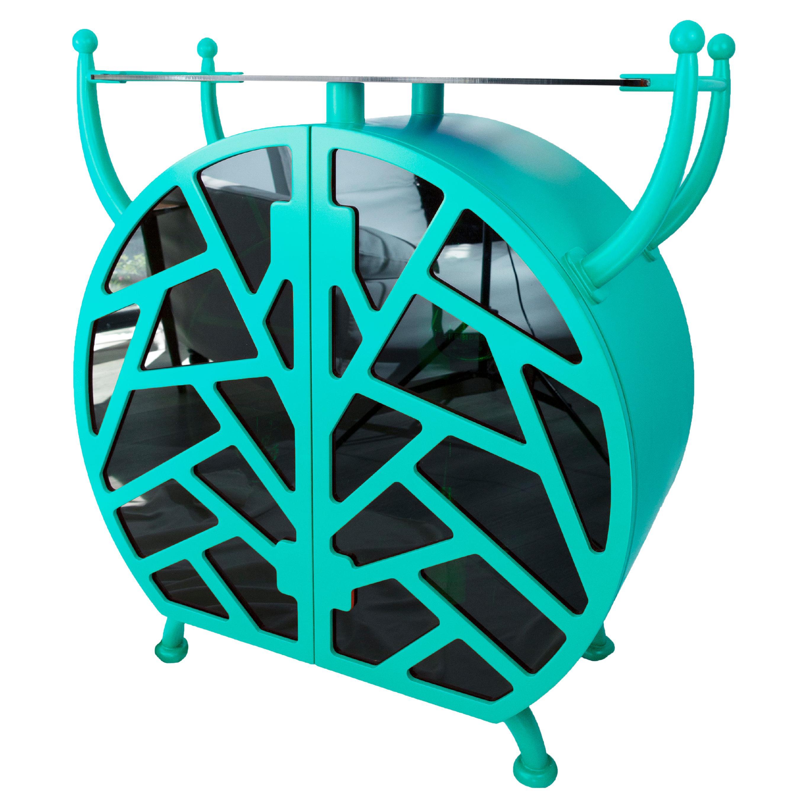 Cocktail Bug Buffet: Turquoise Postmodern Liquor Cabinet with Playful Design For Sale