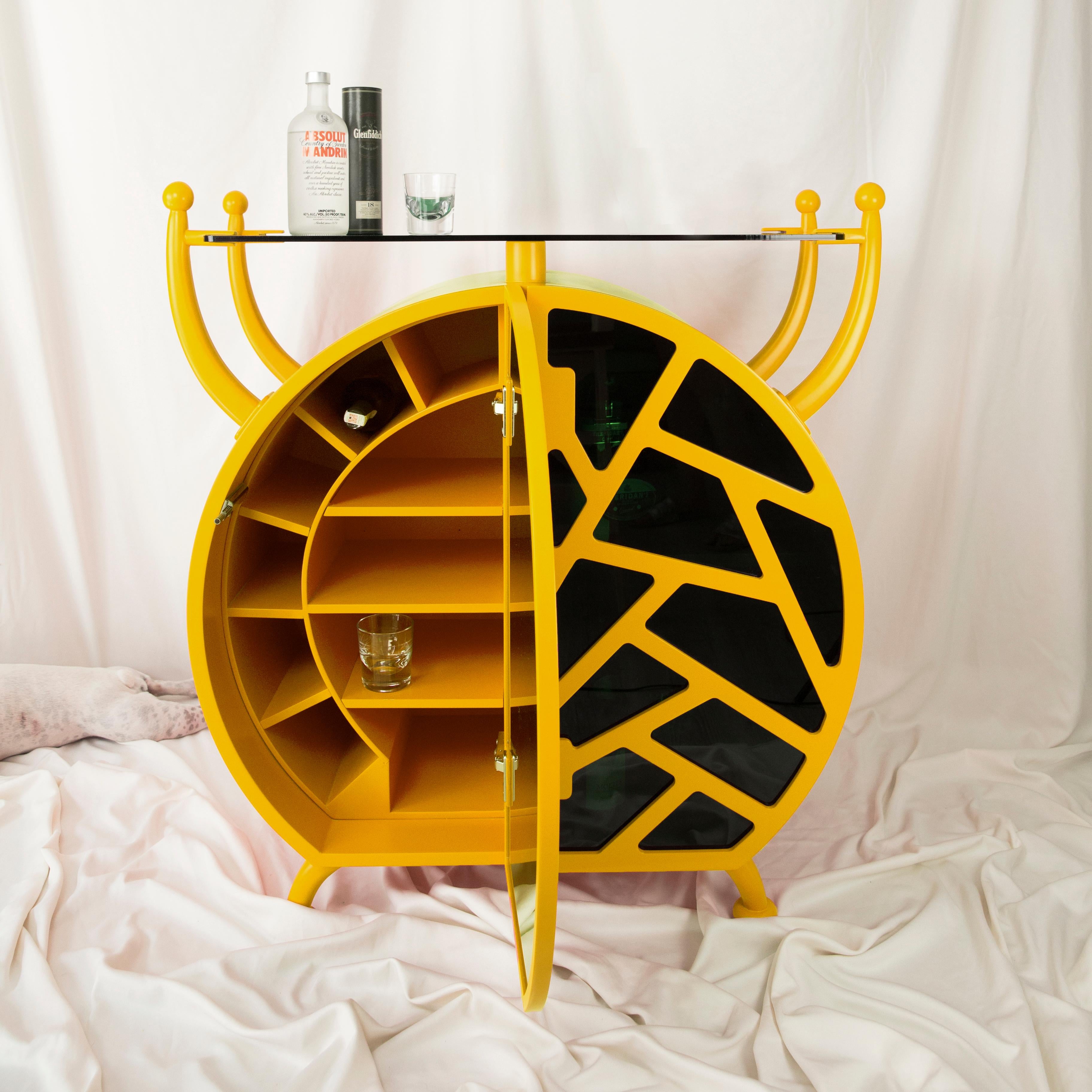 Post-Modern Cocktail Bug Buffet: Yellow Postmodern Liquor Cabinet with Unique Design For Sale