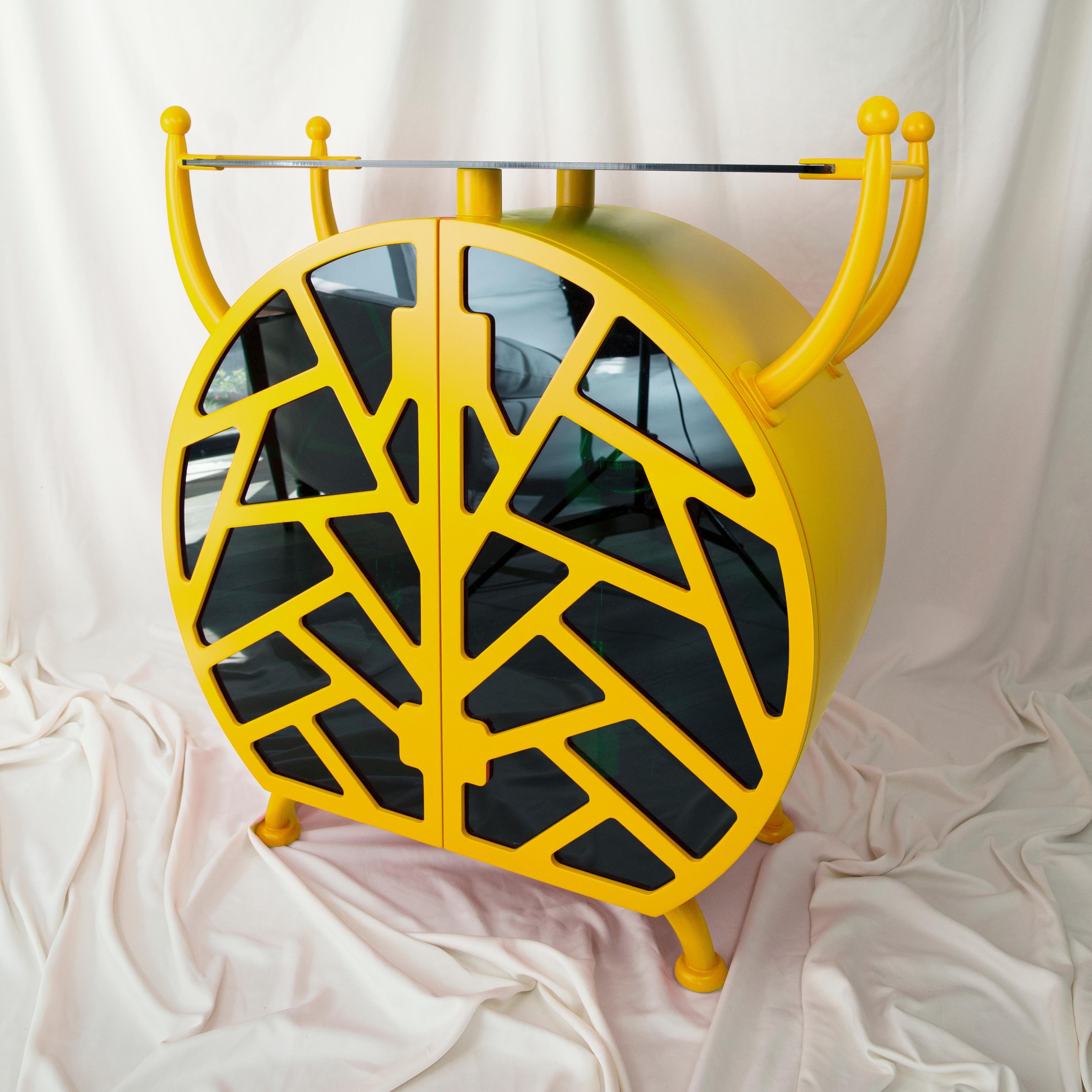 Polished Cocktail Bug Buffet: Yellow Postmodern Liquor Cabinet with Unique Design For Sale