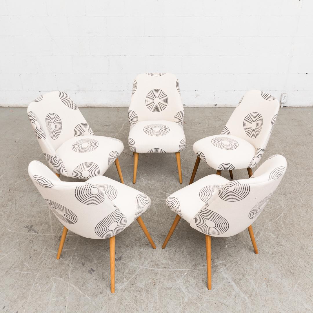 Classic Saarinen-style cocktail chairs. Beautifully restored and newly upholstered in custom hand block printed Block Shop fabric with permanent, AZO-free black pigment on heavy, textured Indian cotton khadi in natural bone white. Lightly refinished