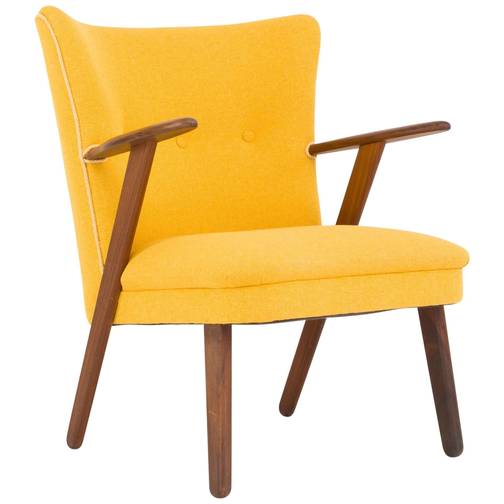 Cocktail Chair Re-Upholstered in Yellow Fabric in the Style of Kurt Olsen, 1950s