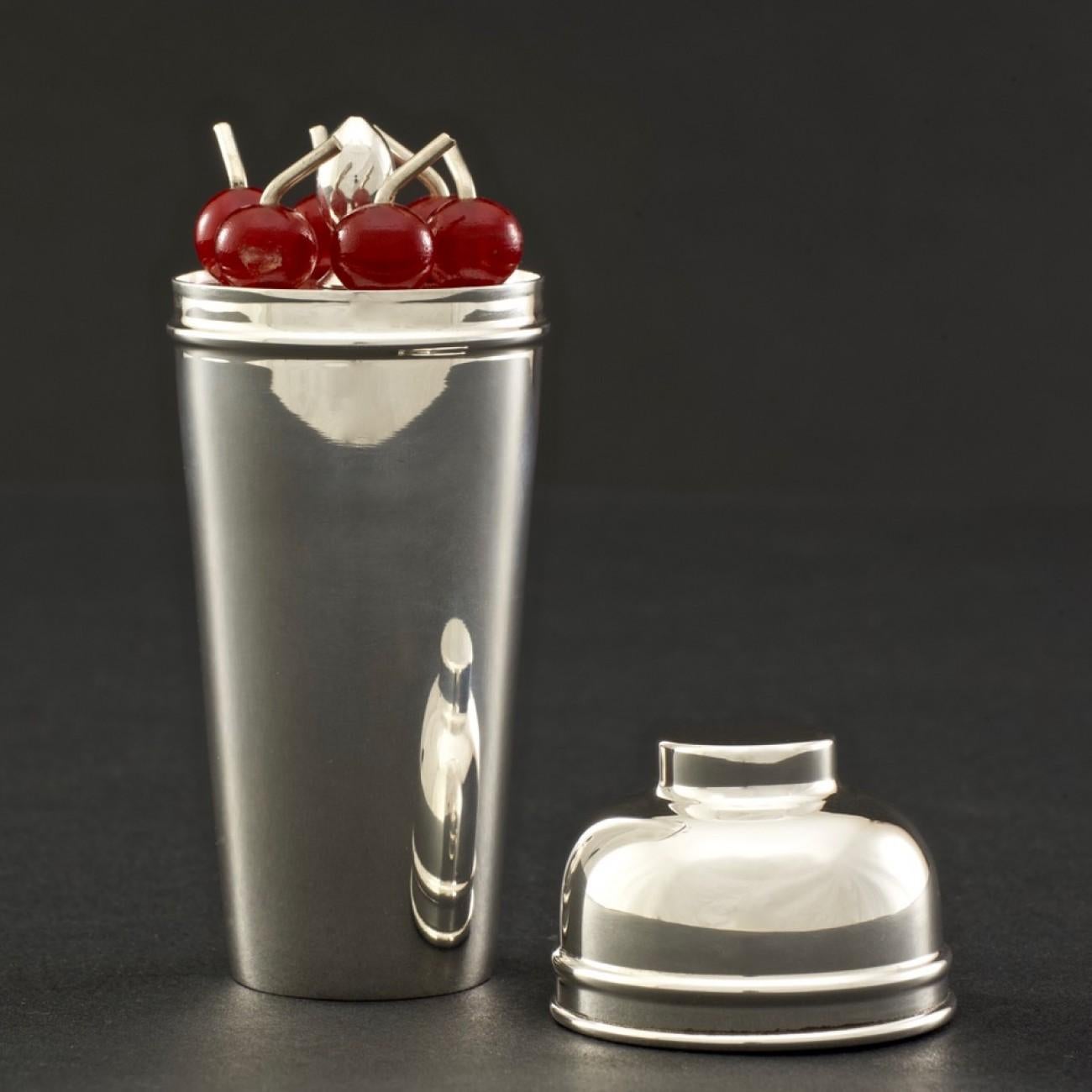 British Cocktail Cherry Sticks in a Silver Plated Miniature Cocktail Shaker, circa 1935