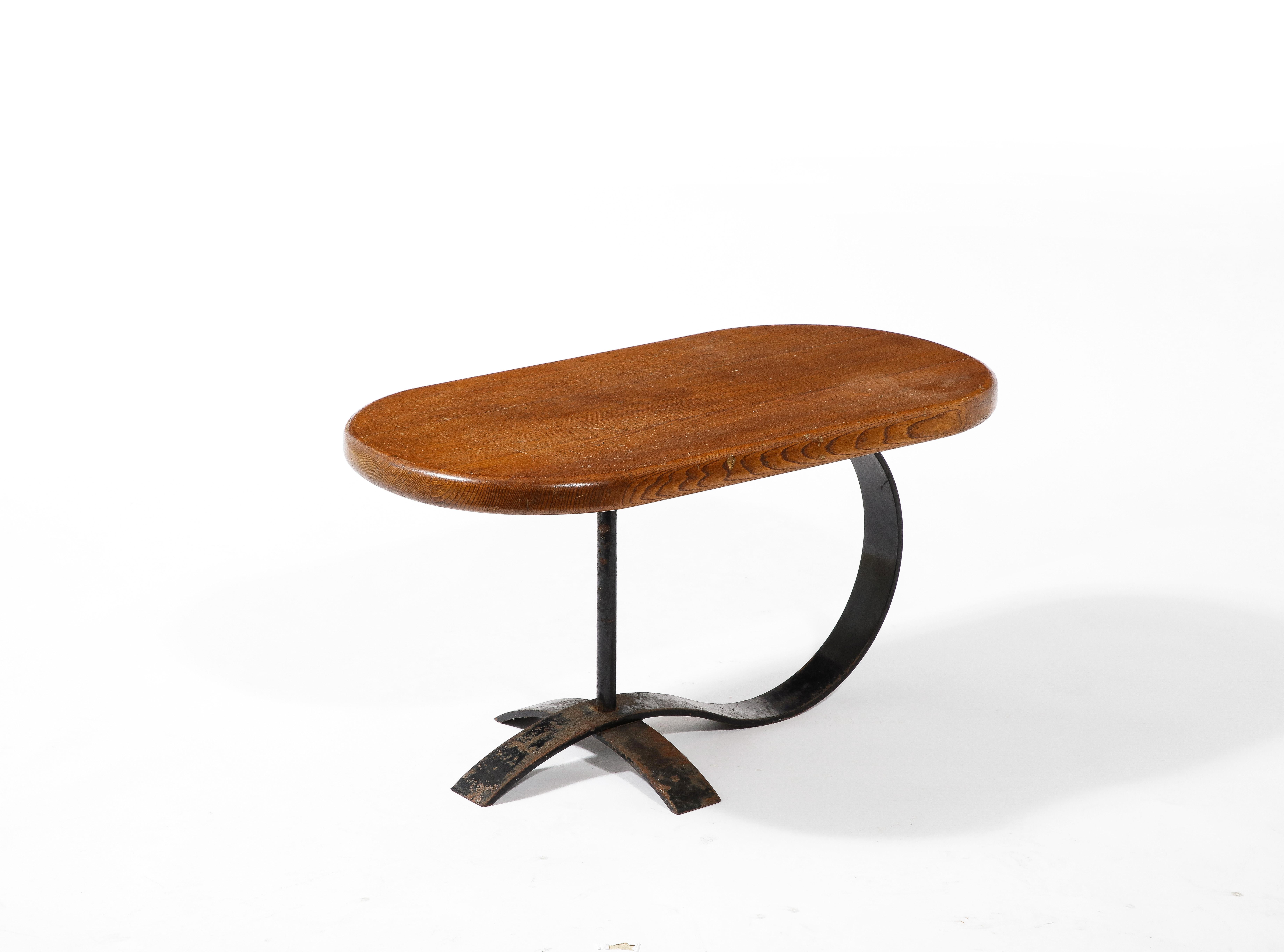 Cocktail Coffee Side Table in Solid Oak and Blackened Steel, France 1950's 4