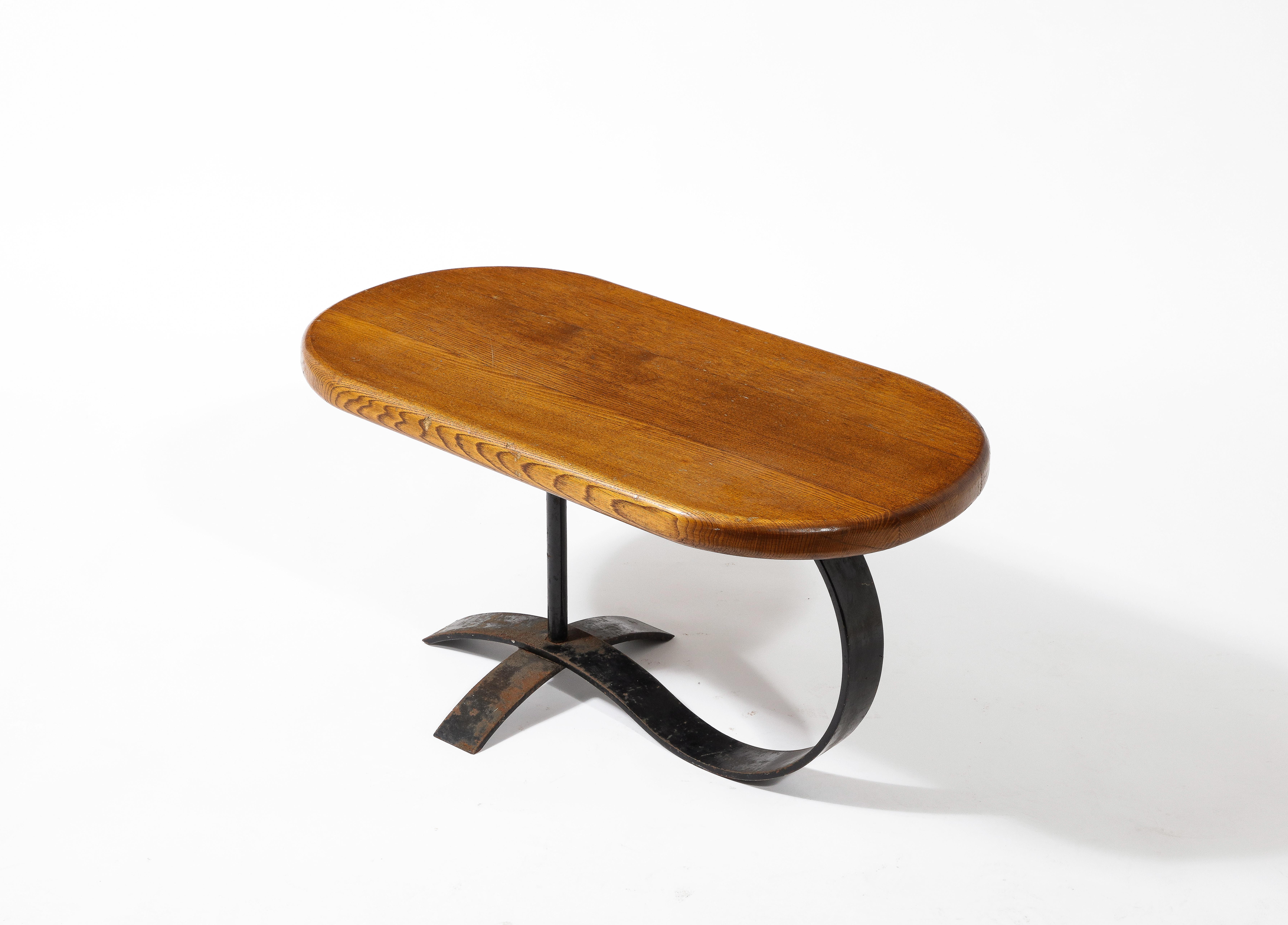 Cocktail Coffee Side Table in Solid Oak and Blackened Steel, France 1950's 7