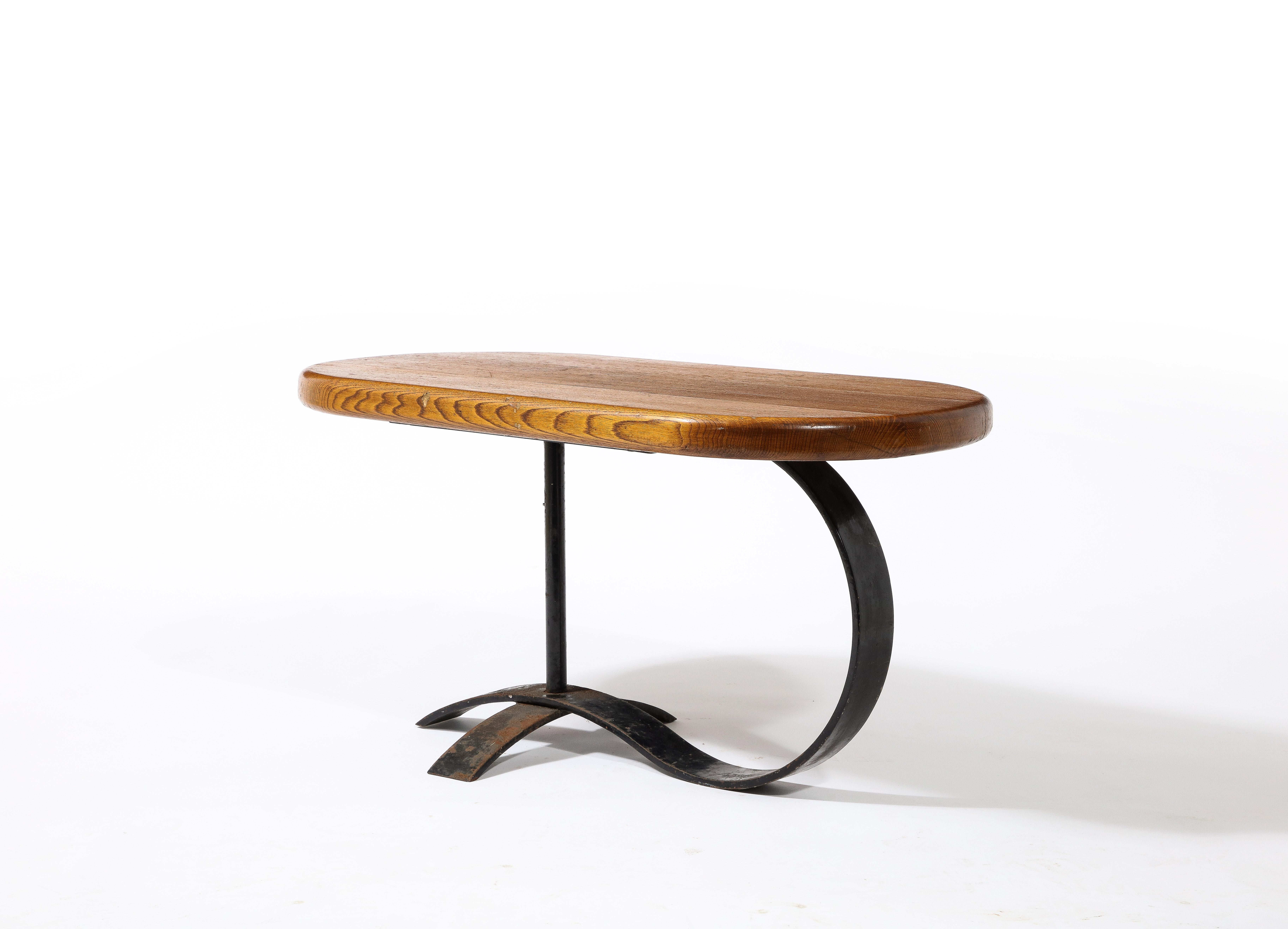 Cocktail Coffee Side Table in Solid Oak and Blackened Steel, France 1950's 8