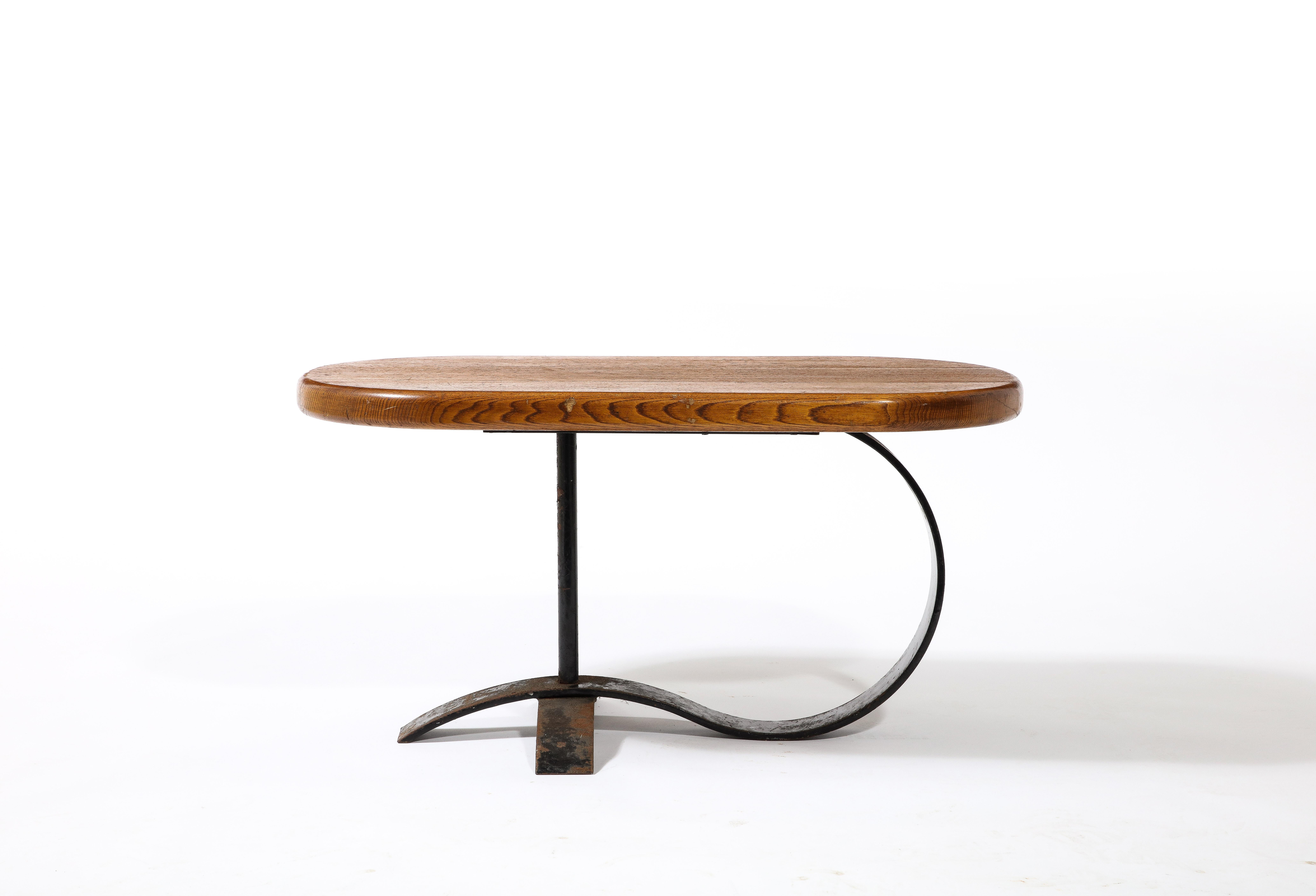 Cocktail Coffee Side Table in Solid Oak and Blackened Steel, France 1950's 9