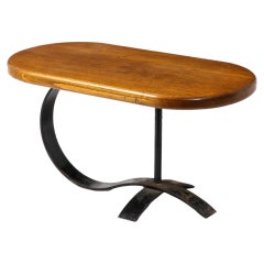 Cocktail Coffee Side Table in Solid Oak and Blackened Steel, France 1950's