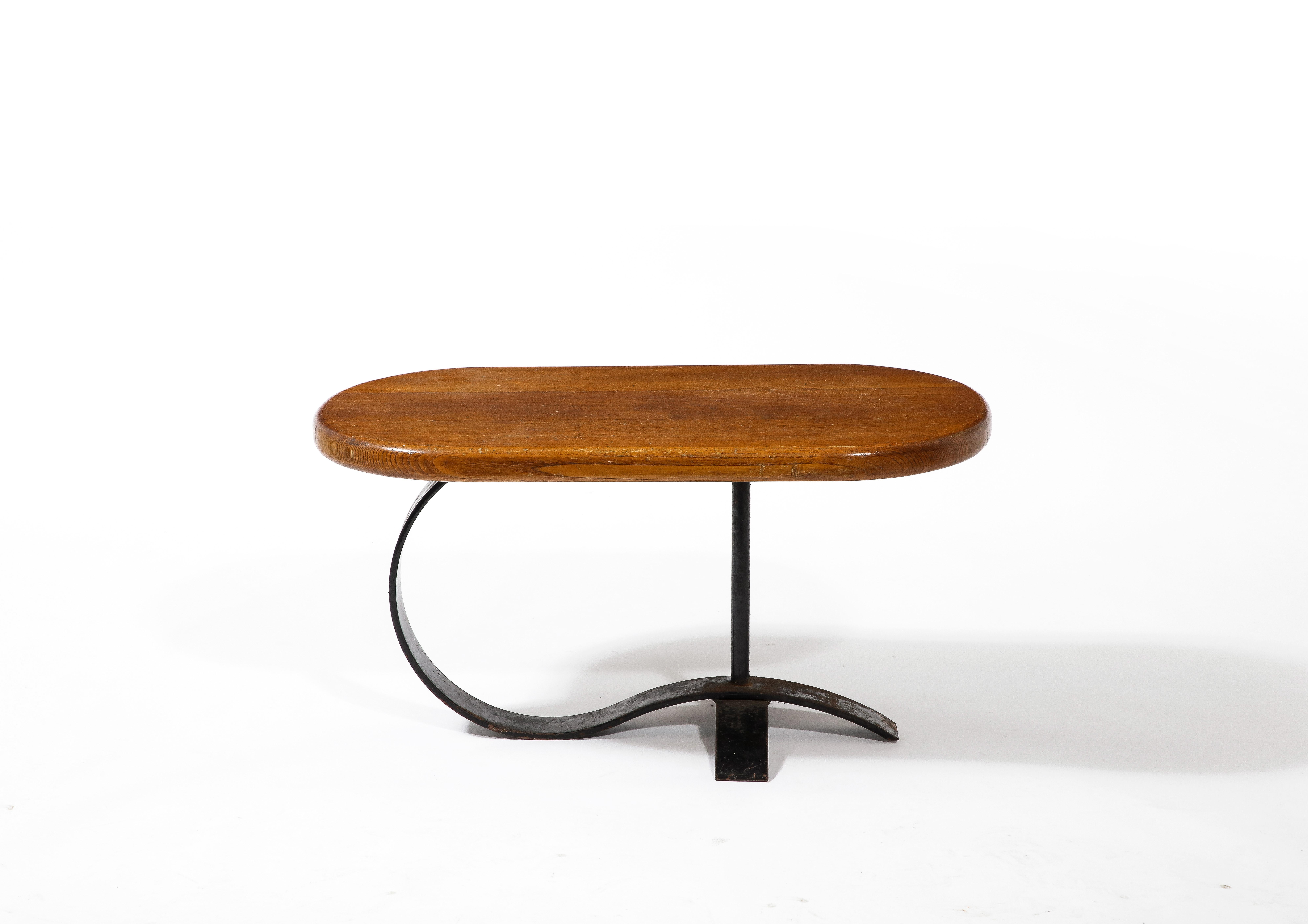 Mid-Century Modern Cocktail Coffee Side Table in Solid Oak and Blackened Steel, France 1950's