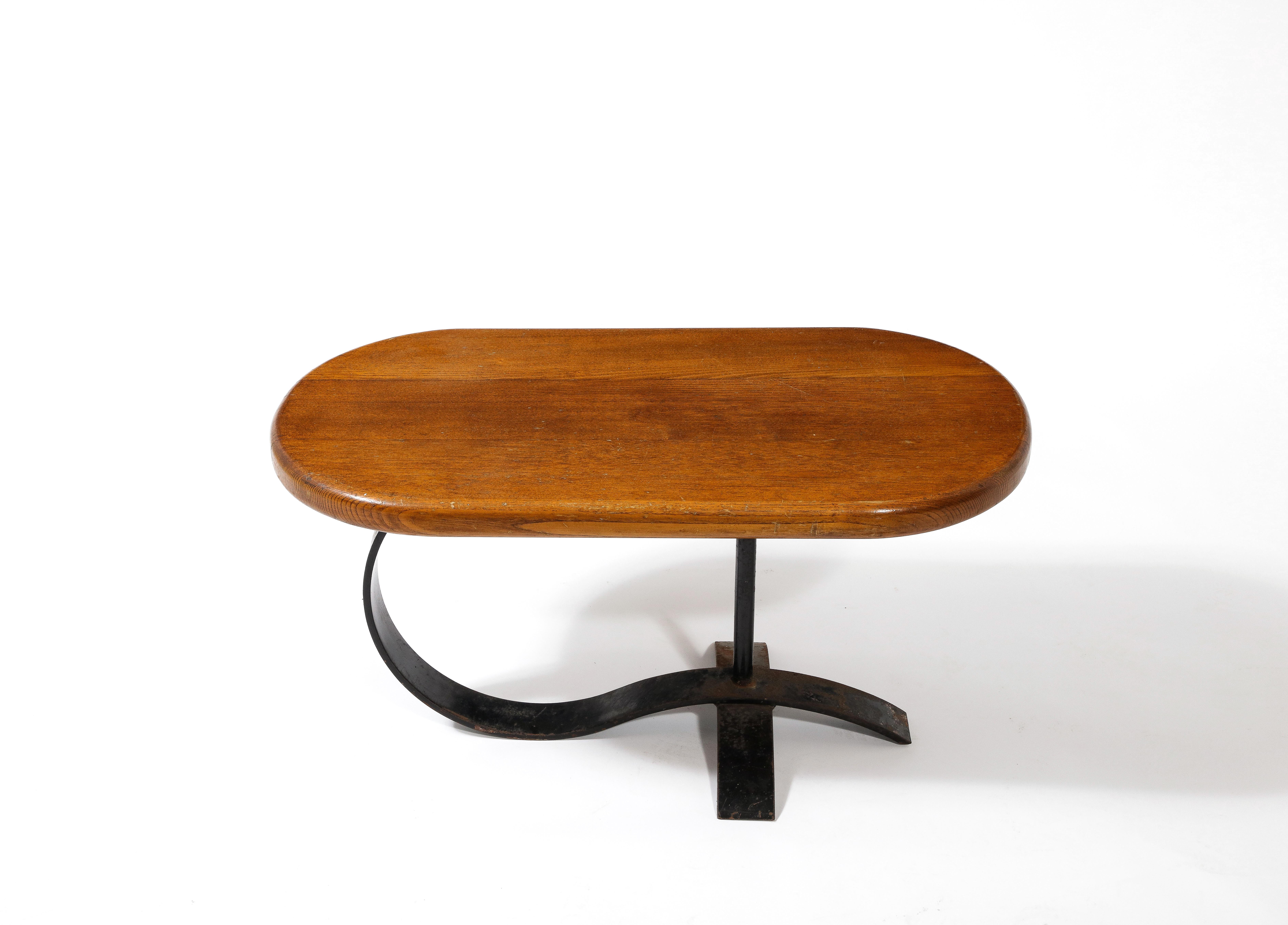 French Cocktail Coffee Side Table in Solid Oak and Blackened Steel, France 1950's