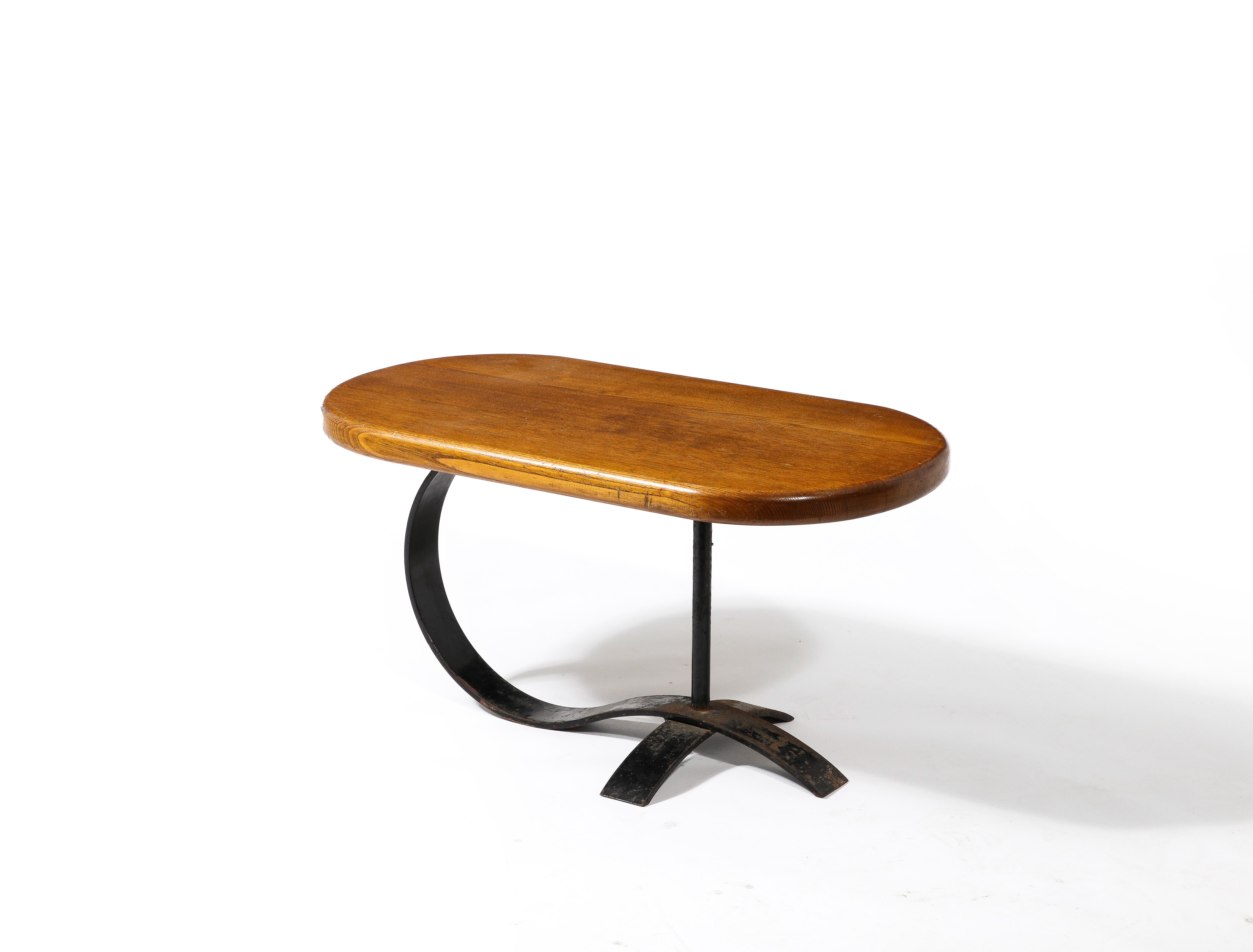 Cocktail Coffee Side Table in Solid Oak and Blackened Steel, France 1950's In Good Condition In New York, NY